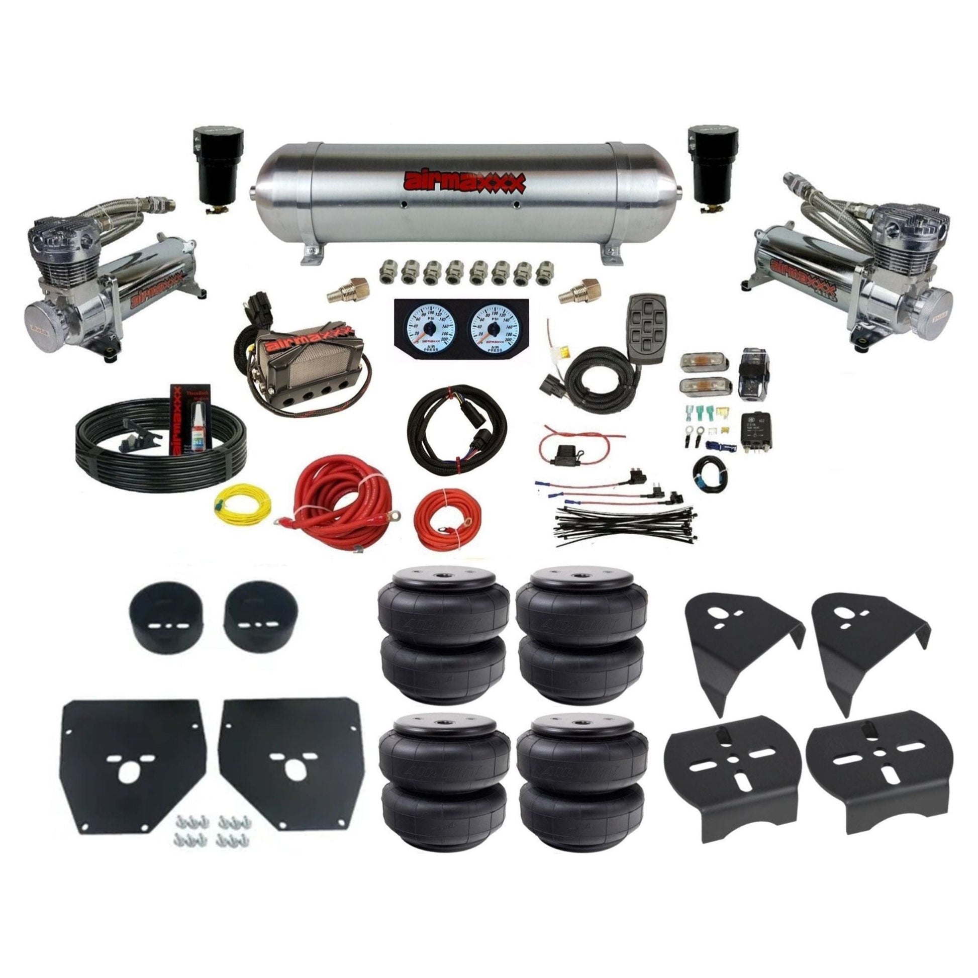 airmaxxx 3/8 air suspension kit w/480 chrome compressors raw aluminum tank & airlift bags for 1973 1987 chevy gmc c10 KC1073-480C2-57ARW-X4X7-WK-HFD26