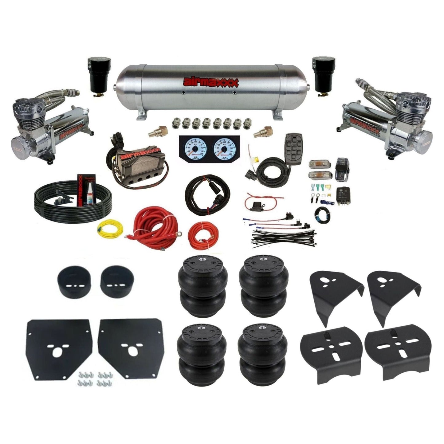 airmaxxx 3/8 air suspension kit w/480 chrome compressors raw aluminum tank & slam bags for 1973 1987 chevy gmc c10 KC1073-480C2-57ARW-X4X7-WK-HFSS7