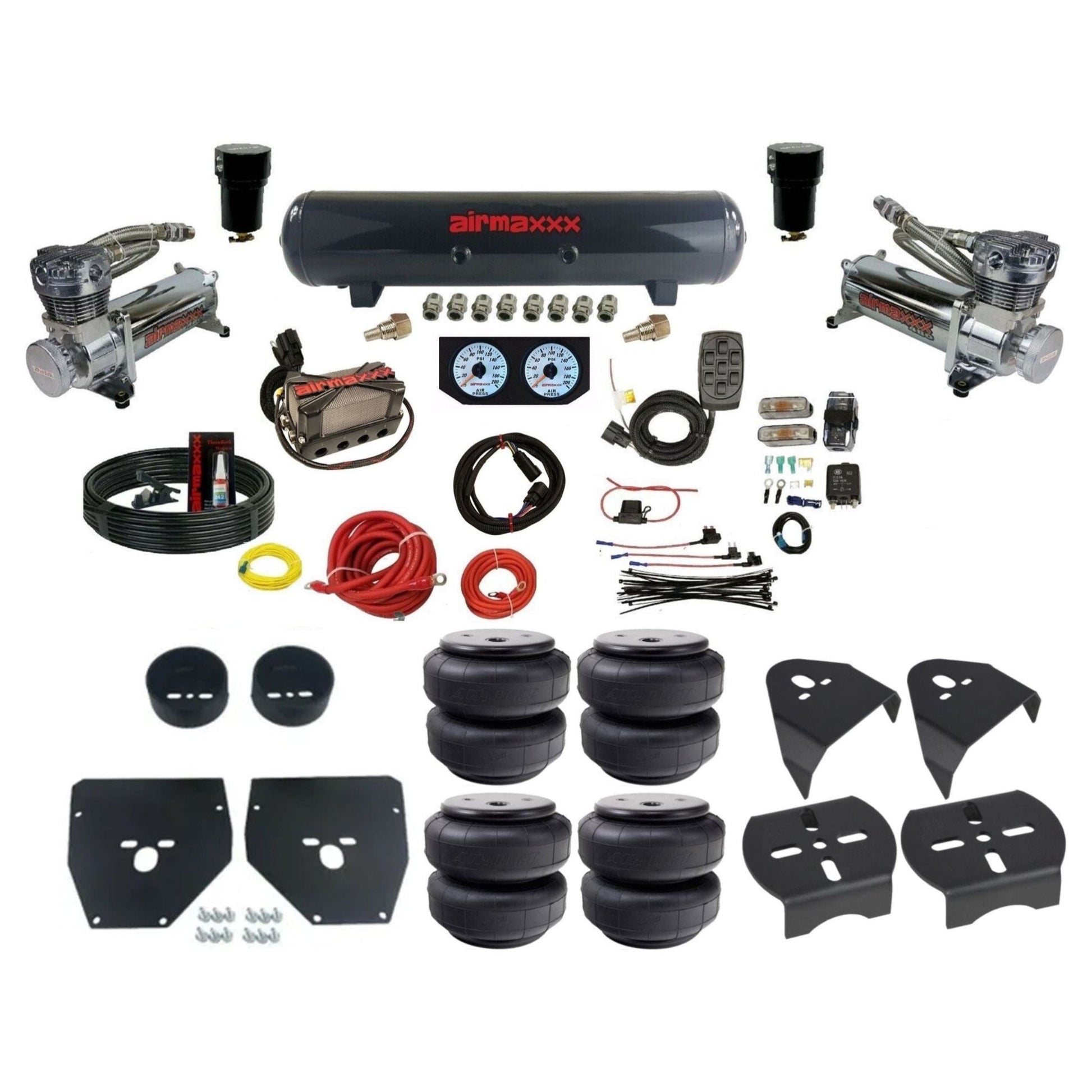 airmaxxx 3/8 air suspension kit w/480 chrome compressors steel tank & airlift bags for 1973 1987 chevy gmc c10 KC1073-480C2-57S-X4X7-WK-HFD26