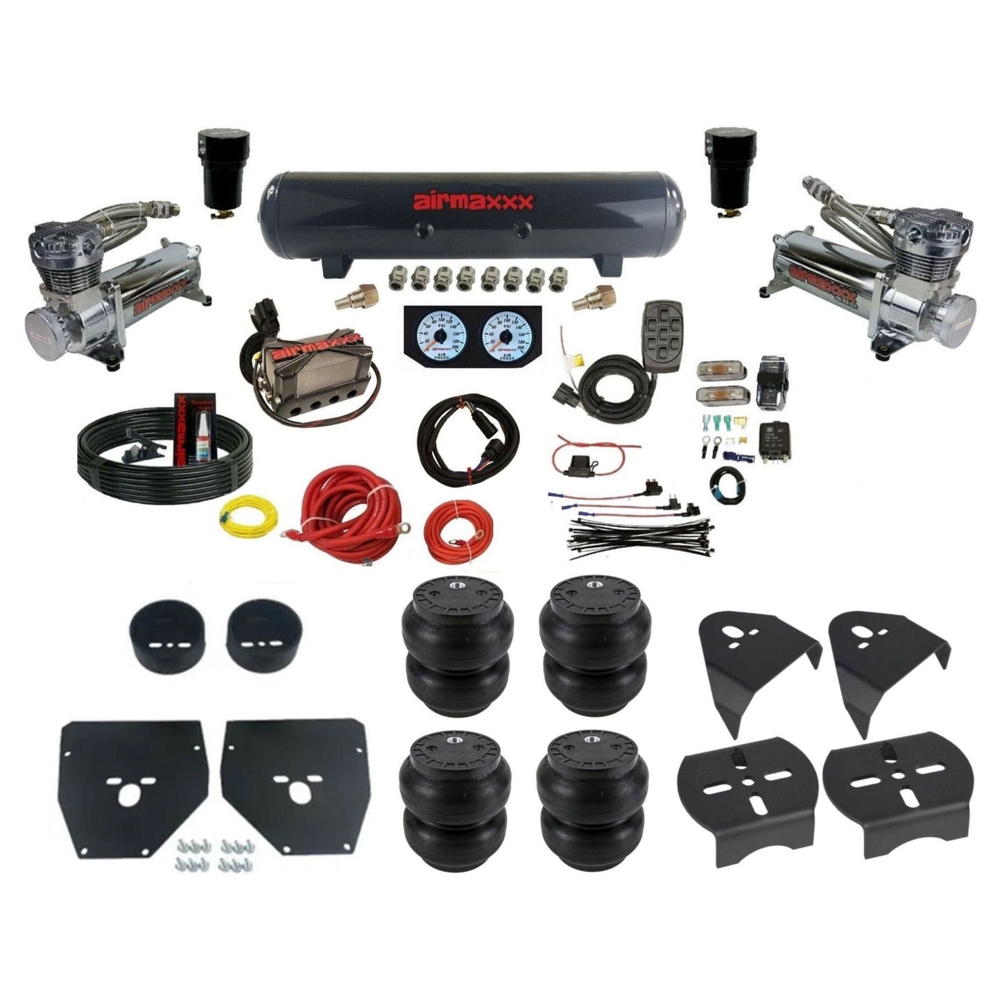 airmaxxx 3/8 air suspension kit w/480 chrome compressors steel tank & slam bags for 1973 1987 chevy gmc c10 KC1073-480C2-57S-X4X7-WK-HFSS7 