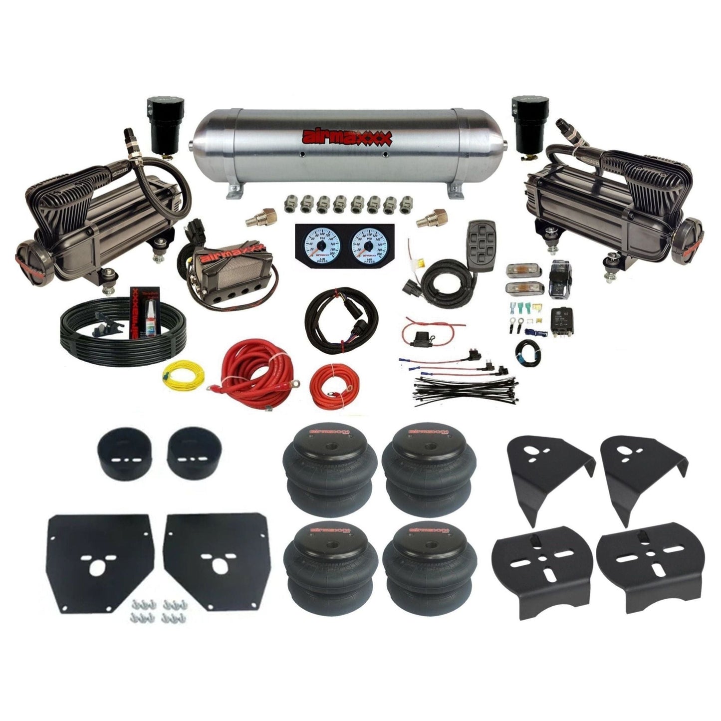 airmaxxx 3/8 air suspension kit w/x-series compressors raw aluminum tank & 2600 bags for 1973 1987 chevy gmc c10 KC1073-XB2-57ARW-X4X7-WK-HF
