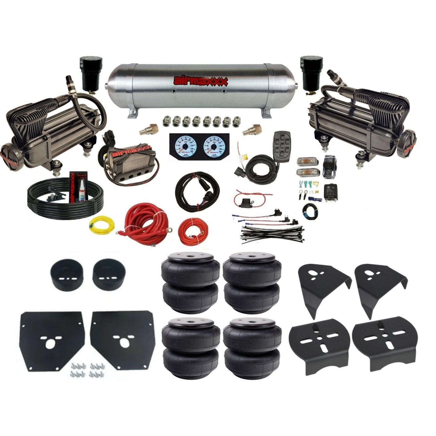 airmaxxx 3/8 air suspension kit w/x-series compressors raw aluminum tank & airlift bags for 1973 1987 chevy gmc c10 KC1073-XB2-57ARW-X4X7-WK-HFD26