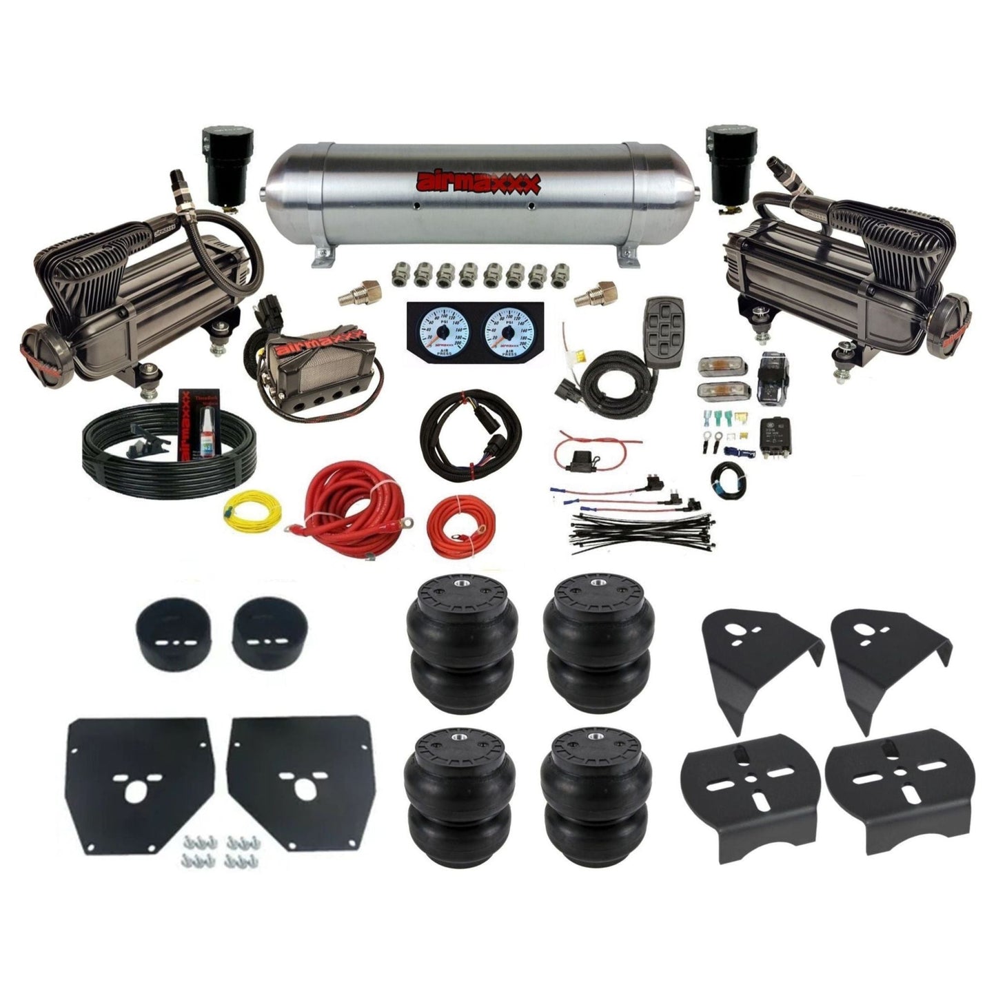airmaxxx 3/8 air suspension kit w/x-series compressors raw aluminum tank & slam bags for 1973 1987 chevy gmc c10 KC1073-XB2-57ARW-X4X7-WK-HFSS7