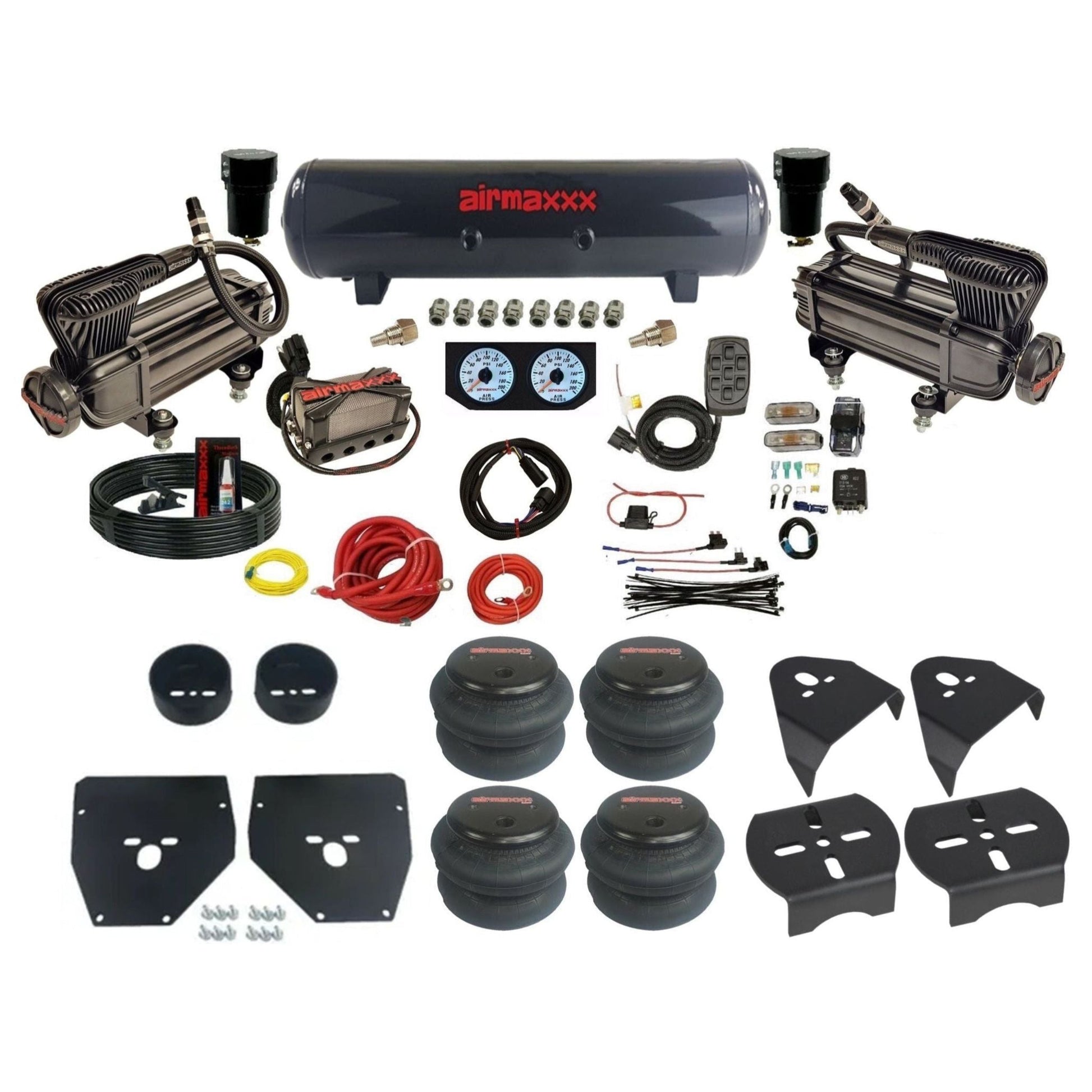 airmaxxx 3/8 air suspension kit w/x-series compressors steel tank & 2600 bags for 1973 1987 chevy gmc c10 KC1073-XB2-57S-X4X7-WK-HF