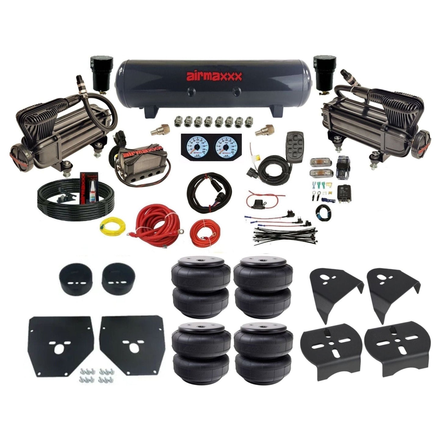airmaxxx 3/8 air suspension kit w/x-series compressors steel tank & airlift bags for 1973 1987 chevy gmc c10 KC1073-XB2-57S-X4X7-WK-HFD26