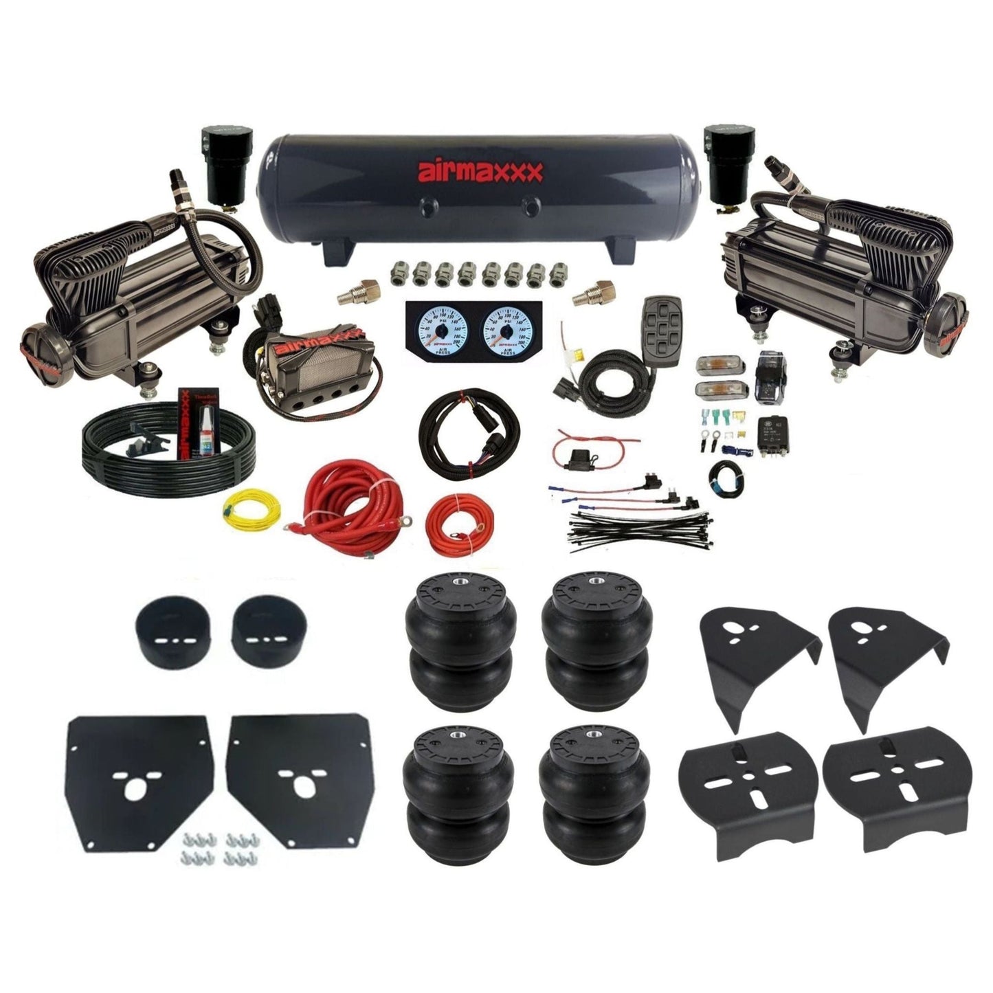 airmaxxx 3/8 air suspension kit w/x-series compressors steel tank & slam bags for 1973 1987 chevy gmc c10 KC1073-XB2-57S-X4X7-WK-HFSS7