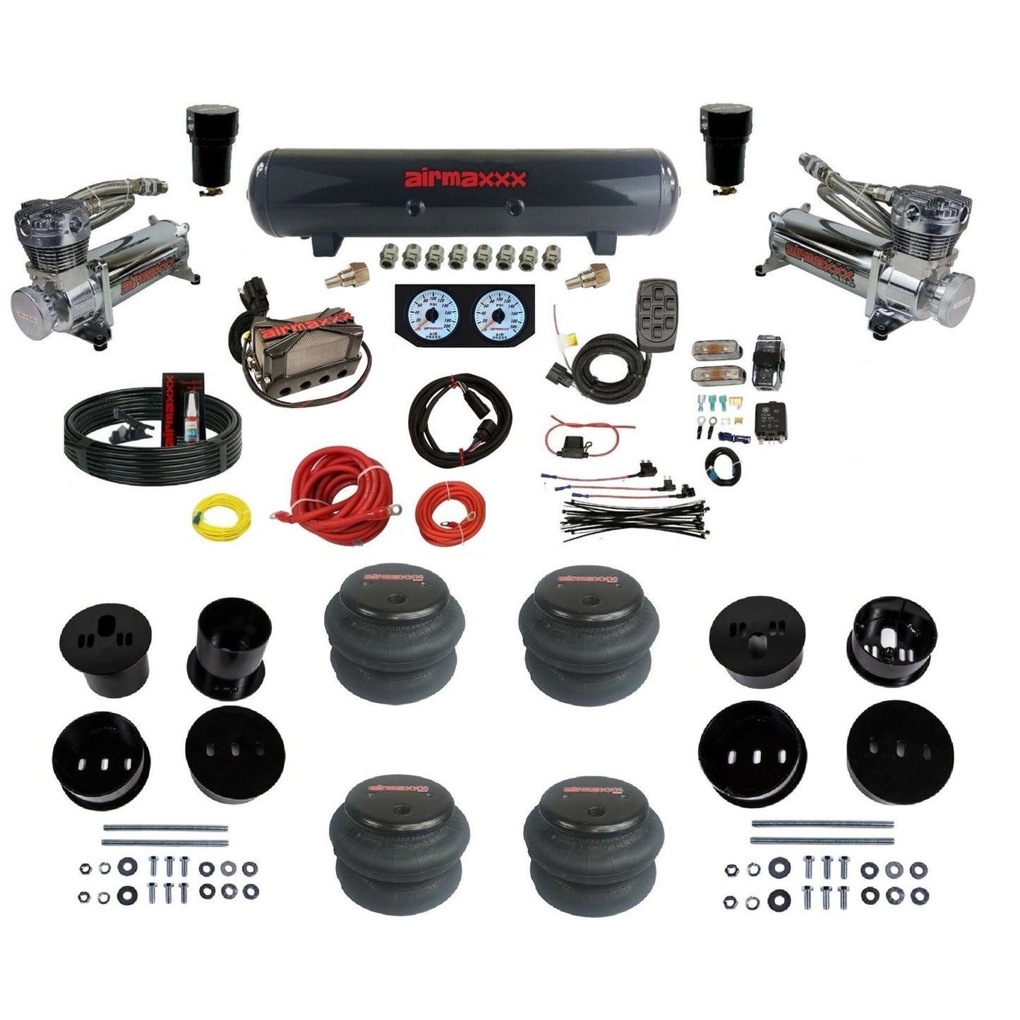 airmaxxx 3/8" chrome 480 air compressor steel tank 2600 bags & brackets kit for 1958-1960 Cadillac KCAD58-480C2-57S-X4X7-WK-HF