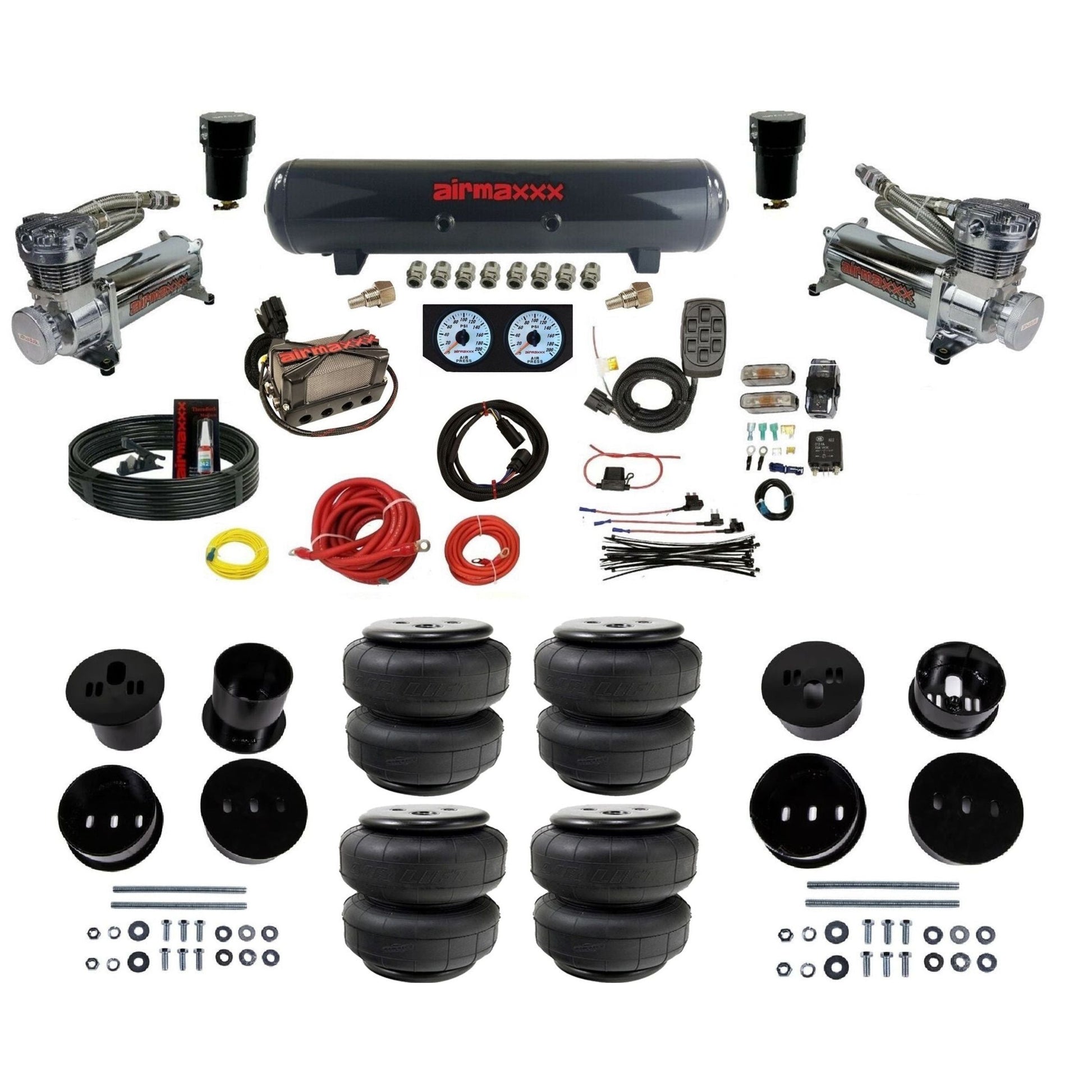 airmaxxx 3/8" chrome 480 air compressor steel tank Air Lift bags & brackets kit for 1958-1960 Cadillac KCAD58-480C2-57S-X4X7-WK-HFD25