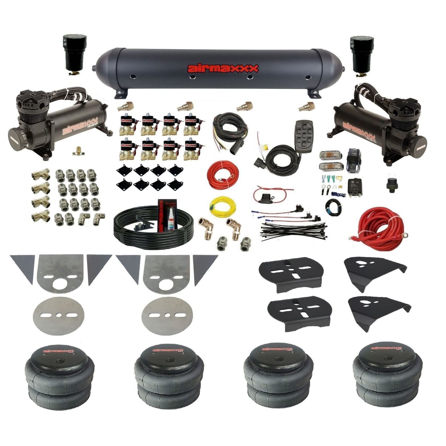 airmaxxx 3/8 fastbag air ride kit with black 480 compressors aluminum air tank and 2500 bags KTOR-480B2-838-59ABK-7BK-WK-HF