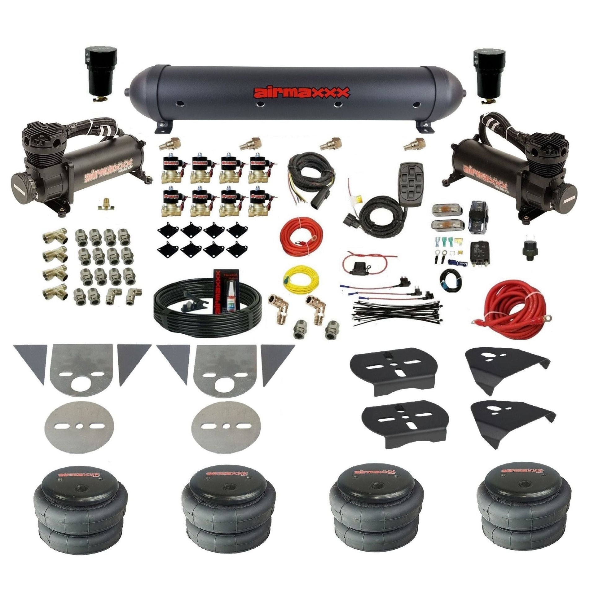 airmaxxx 3/8 fastbag air ride kit with black 480 compressors aluminum air tank and 2500 bags KTOR-480B2-838-59ABK-7BK-WK-HF