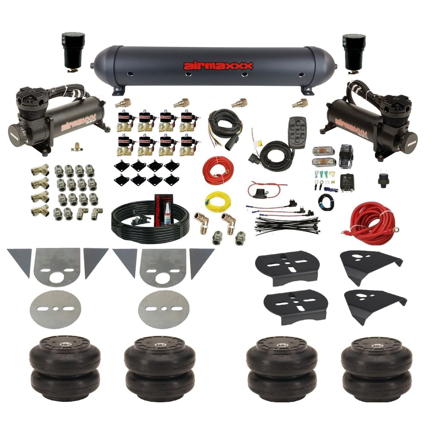 airmaxxx 3/8 fastbag air ride kit with black 480 compressors aluminum air tank and Slam bags KTOR-480B2-838-59ABK-7BK-WK-HFSS6