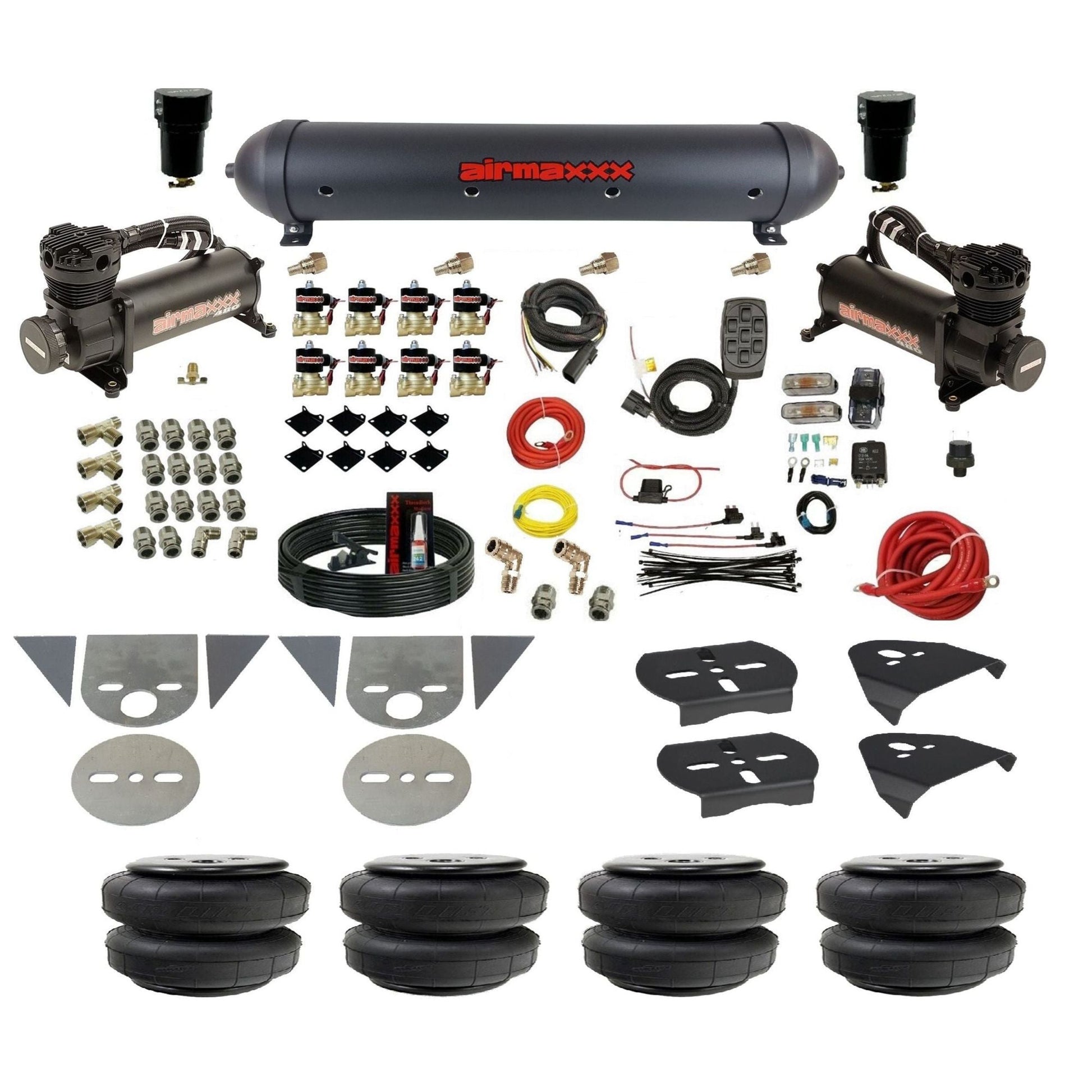 airmaxxx 3/8 fastbag air ride kit with black 480 compressors aluminum air tank and air lift bags KTOR-480B2-838-59ABK-7BK-WK-HFD25
