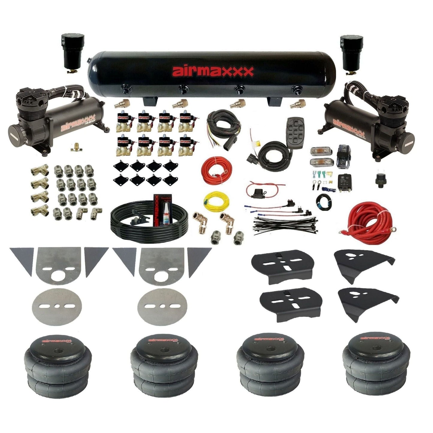 airmaxxx 3/8 fastbag air ride kit with black 480 compressors steel air tank and 2500 air bags KTOR-480B2-838-59S-7BK-WK-HF