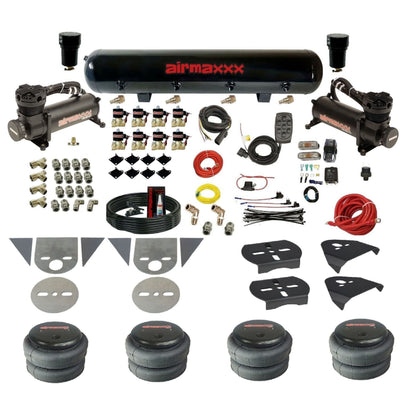 airmaxxx 3/8 fastbag air ride kit with black 480 compressors steel air tank and 2500 air bags KTOR-480B2-838-59S-7BK-WK-HF
