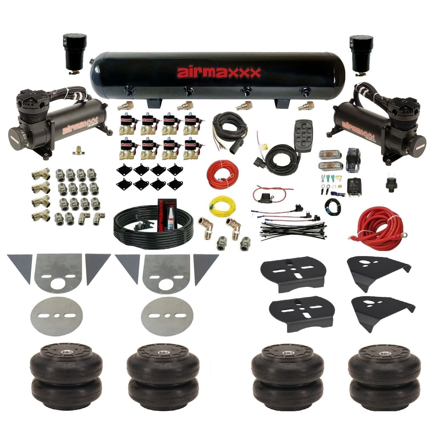 airmaxxx 3/8 fastbag air ride kit with black 480 compressors steel air tank and Slam bags KTOR-480B2-838-59S-7BK-WK-HFSS6