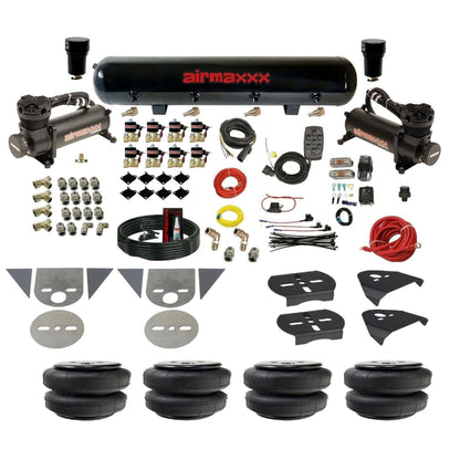 airmaxxx 3/8 fastbag air ride kit with black 480 compressors steel air tank and air lift bags KTOR-480B2-838-59S-7BK-WK-HFD25