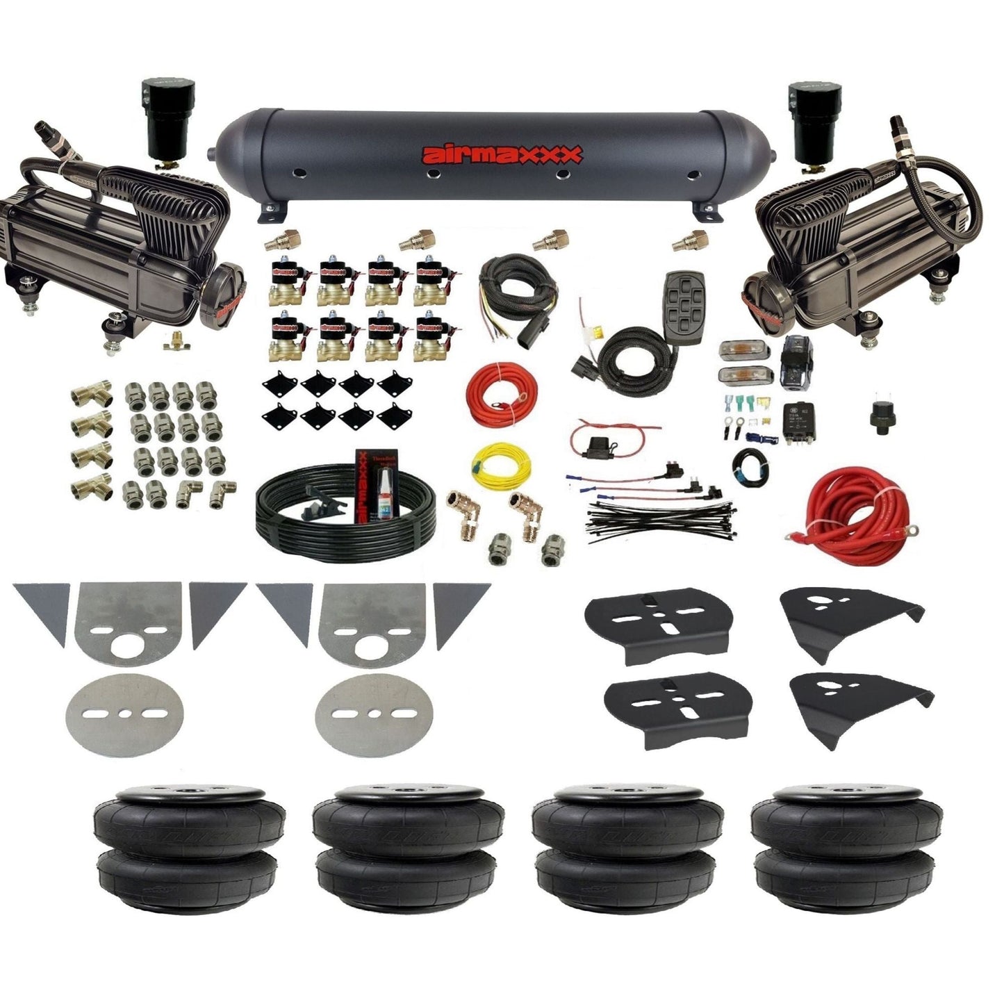 airmaxxx 3/8 fastbag air ride kit with x-series compressors aluminum air tank and Air Lift bags KTOR-XB2-838-59ABK-7BK-WK-HFD25