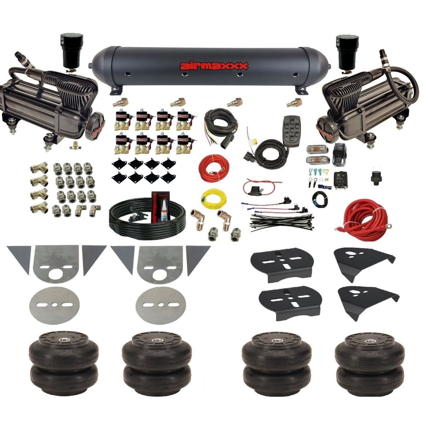 airmaxxx 3/8 fastbag air ride kit with x-series compressors aluminum air tank and Slam bags KTOR-XB2-838-59ABK-7BK-WK-HFSS6