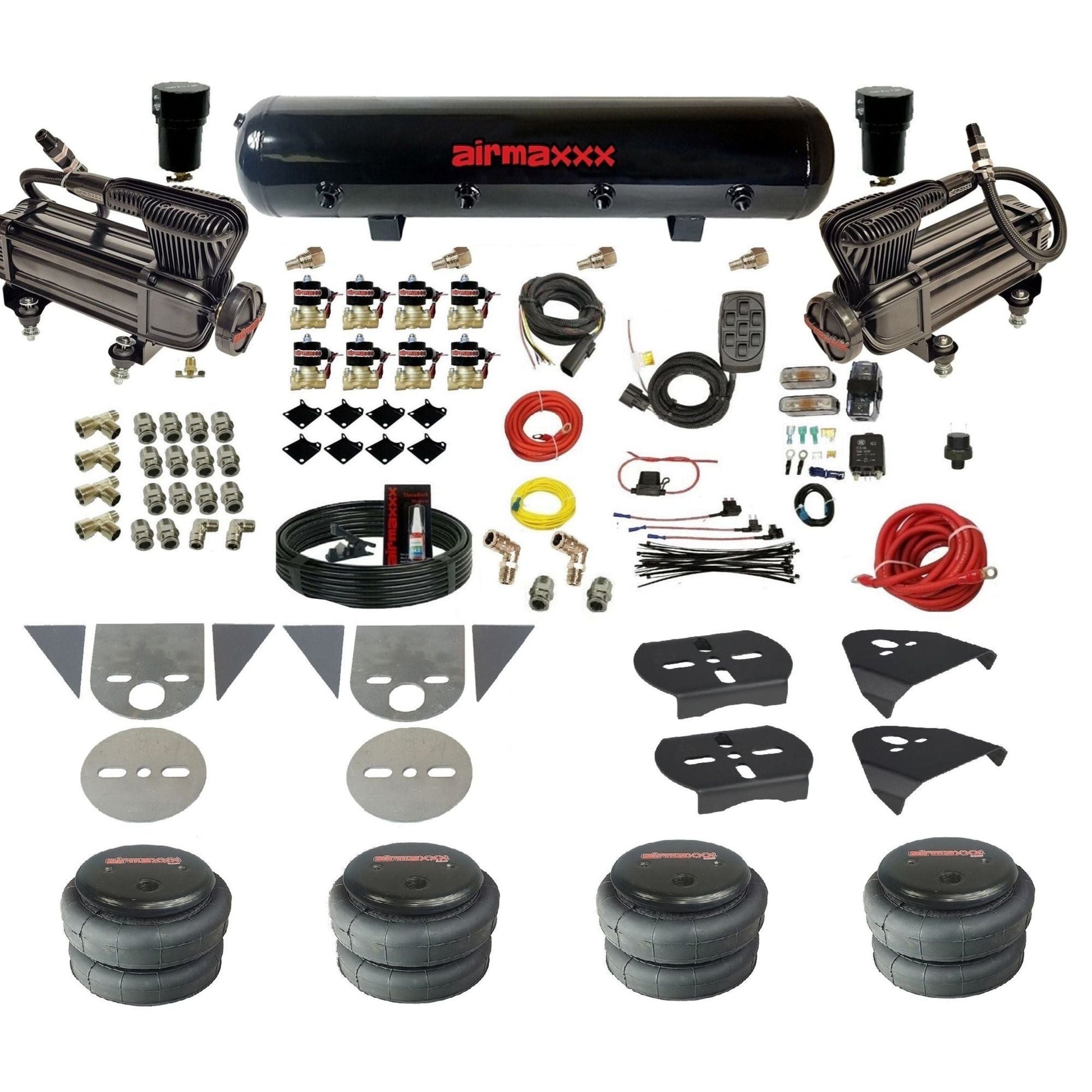 airmaxxx 3/8 fastbag air ride kit with x-series compressors steel air tank and 2500 air bags KTOR-XB2-838-59S-7BK-WK-HF