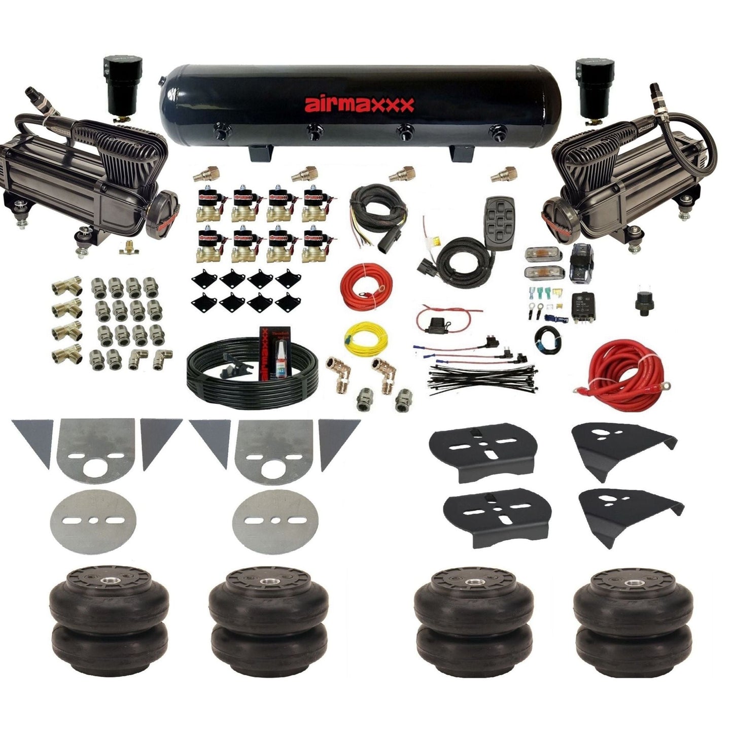 airmaxxx 3/8 fastbag air ride kit with x-series compressors steel air tank and Slam bags KTOR-XB2-838-59S-7BK-WK-HFSS6