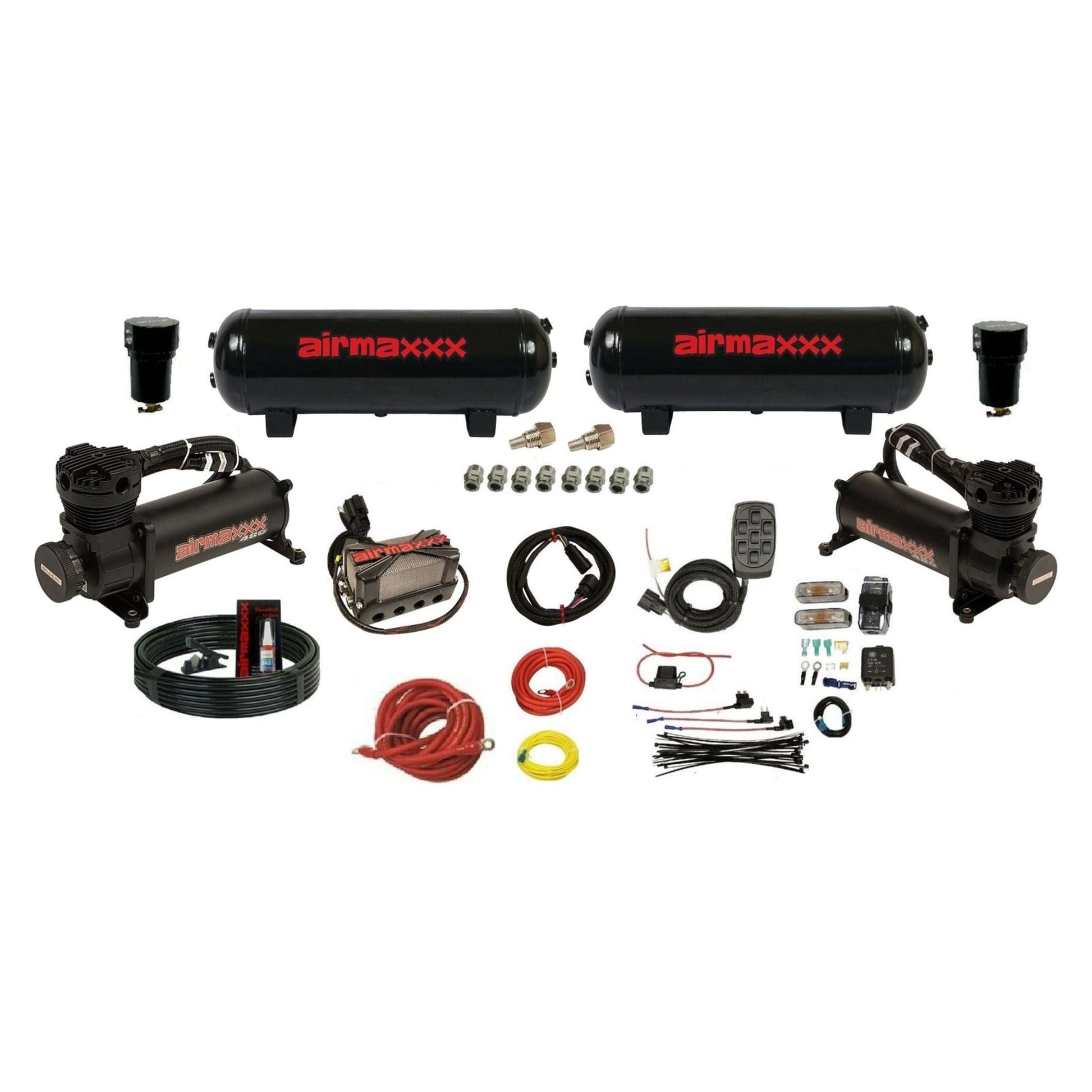 airmaxxx 3/8 x4 air management kit with 480 black & dual 3 gallon black steel tanks K480B2-236S-X4X7-WK-HF
