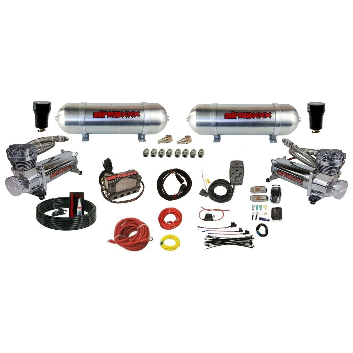 airmaxxx 3/8 x4 air management kit with 480 chrome & dual 3 gallon raw aluminum tanks K480C2-236ARW-X4X7-WK-HF