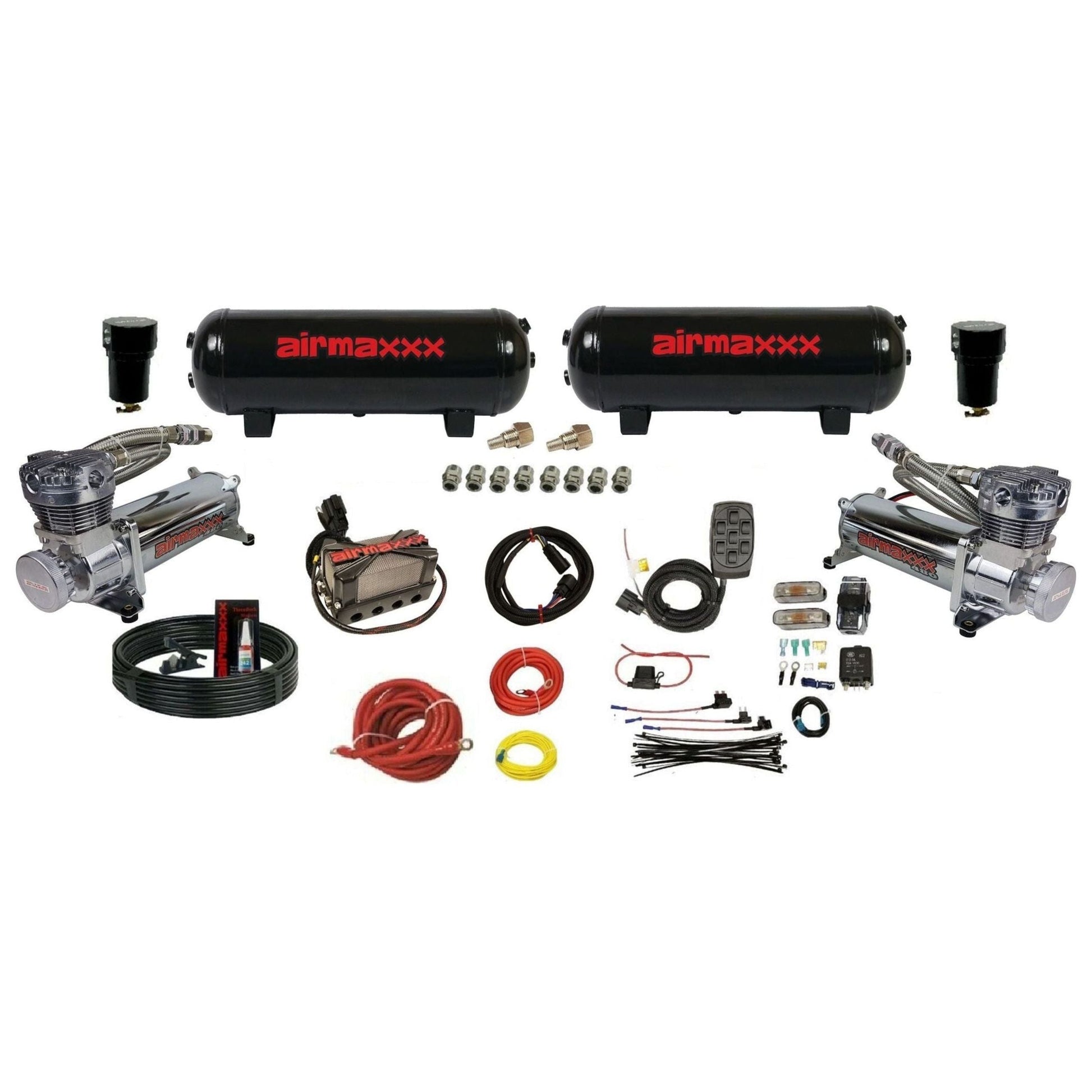 airmaxxx 3/8 x4 air management kit with 480 chrome & dual 3 gallon steel tanks K480C2-236S-X4X7-WK-HF