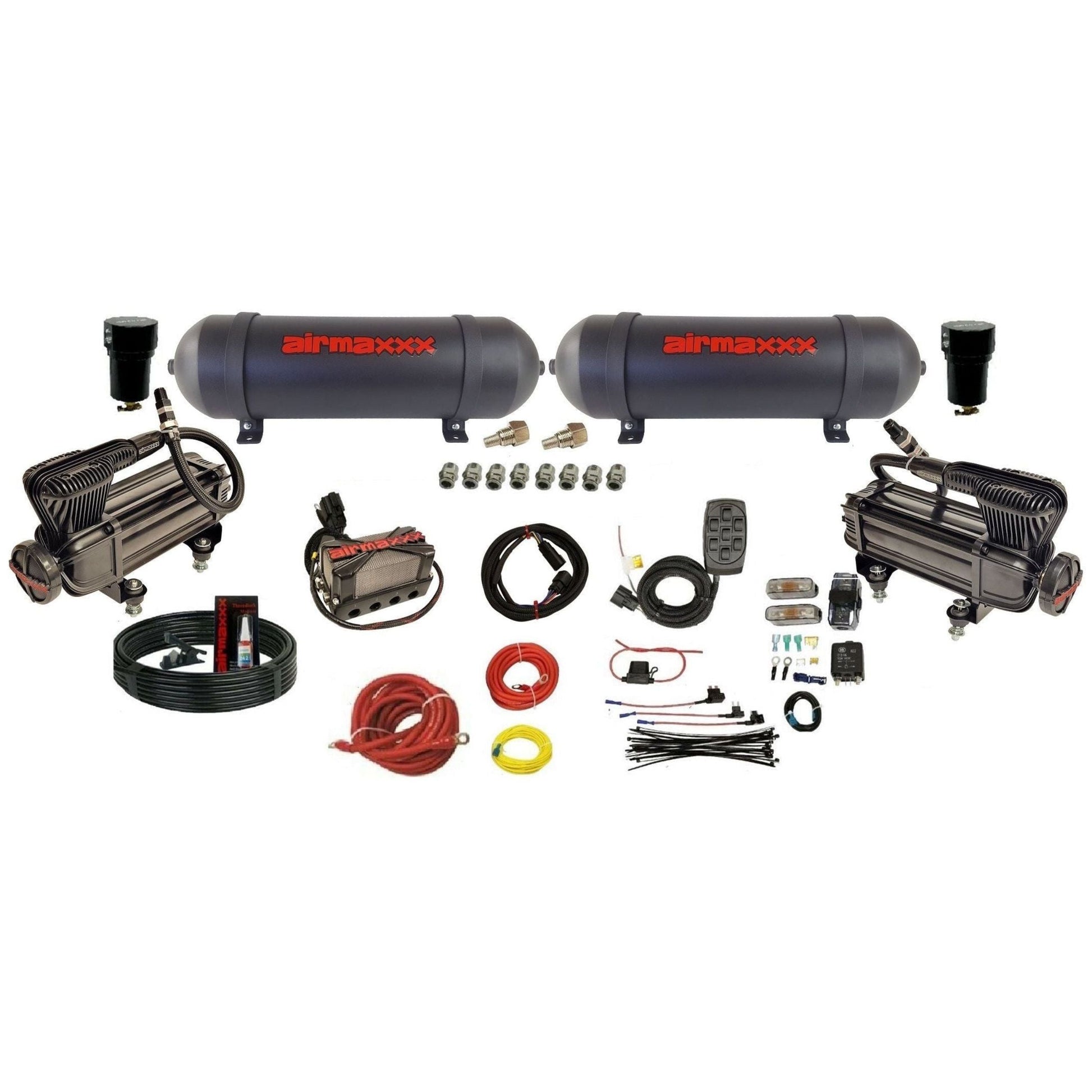 airmaxxx 3/8 x4 air management kit with X-series & dual 3 gallon black aluminum tanks KX2B-236ABK-X4X7-WK-HF