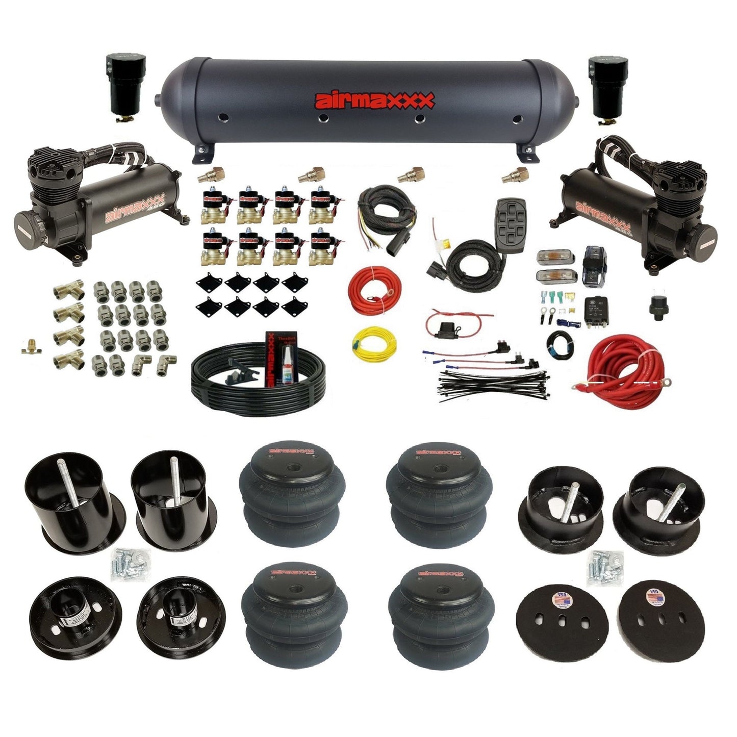 airmaxxx 480 black air compressors 2600 bags and aluminum tank for air suspension kit Fits 1963-64 cadillac KCAD63-480B2-838-59ABK-7BK-WK-HF