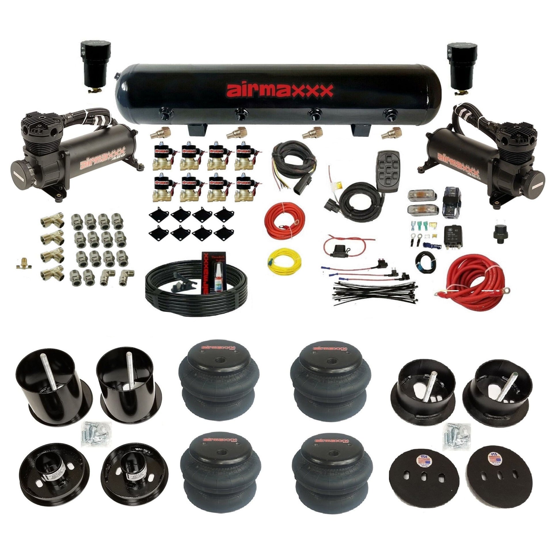 airmaxxx 480 black air compressors 2600 bags and steel tank for air suspension kit Fits 1963-64 cadillac KCAD63-480B2-838-59S-7BK-WK-HF
