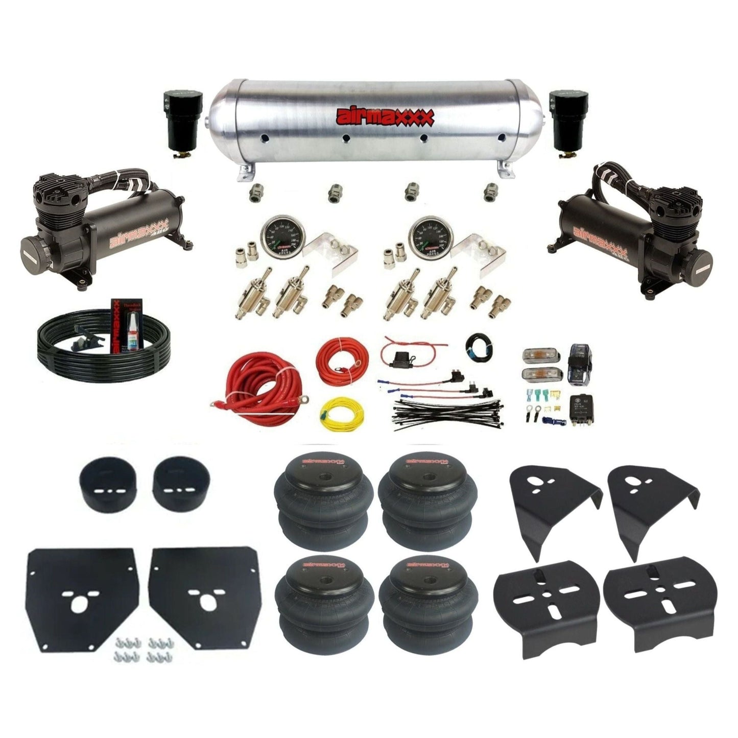 airmaxxx 480 black air compressors 3/8 manual toggles 2600 bags raw aluminum air tank air suspension kit fits 1973 87 chevy c10 KC1073-480B2-59ARW-4TOG2GA2B-WK-HF