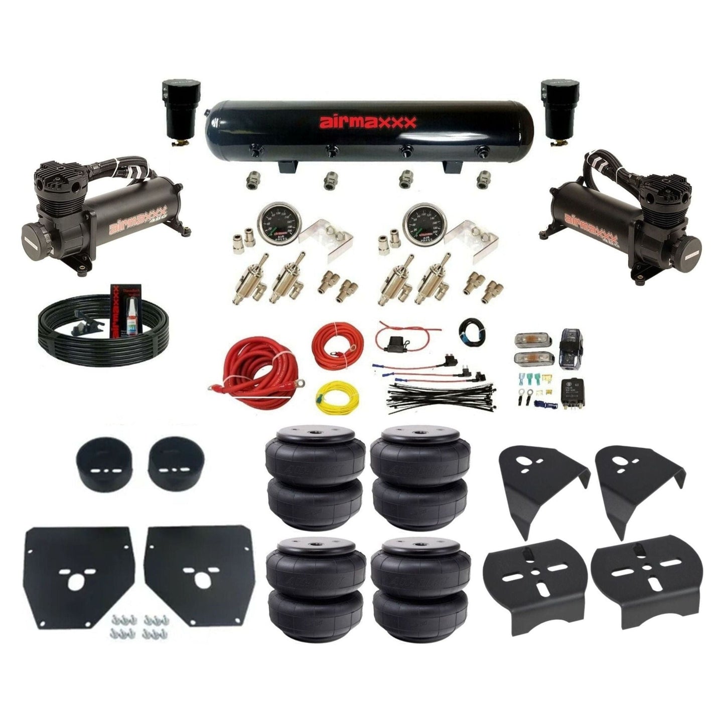 airmaxxx 480 black air compressors 3/8 manual toggles Air Lift bags steel air tank air suspension kit fits 1973 87 chevy c10 KC1073-480B2-59S-4TOG2GA2B-WK-HFD26