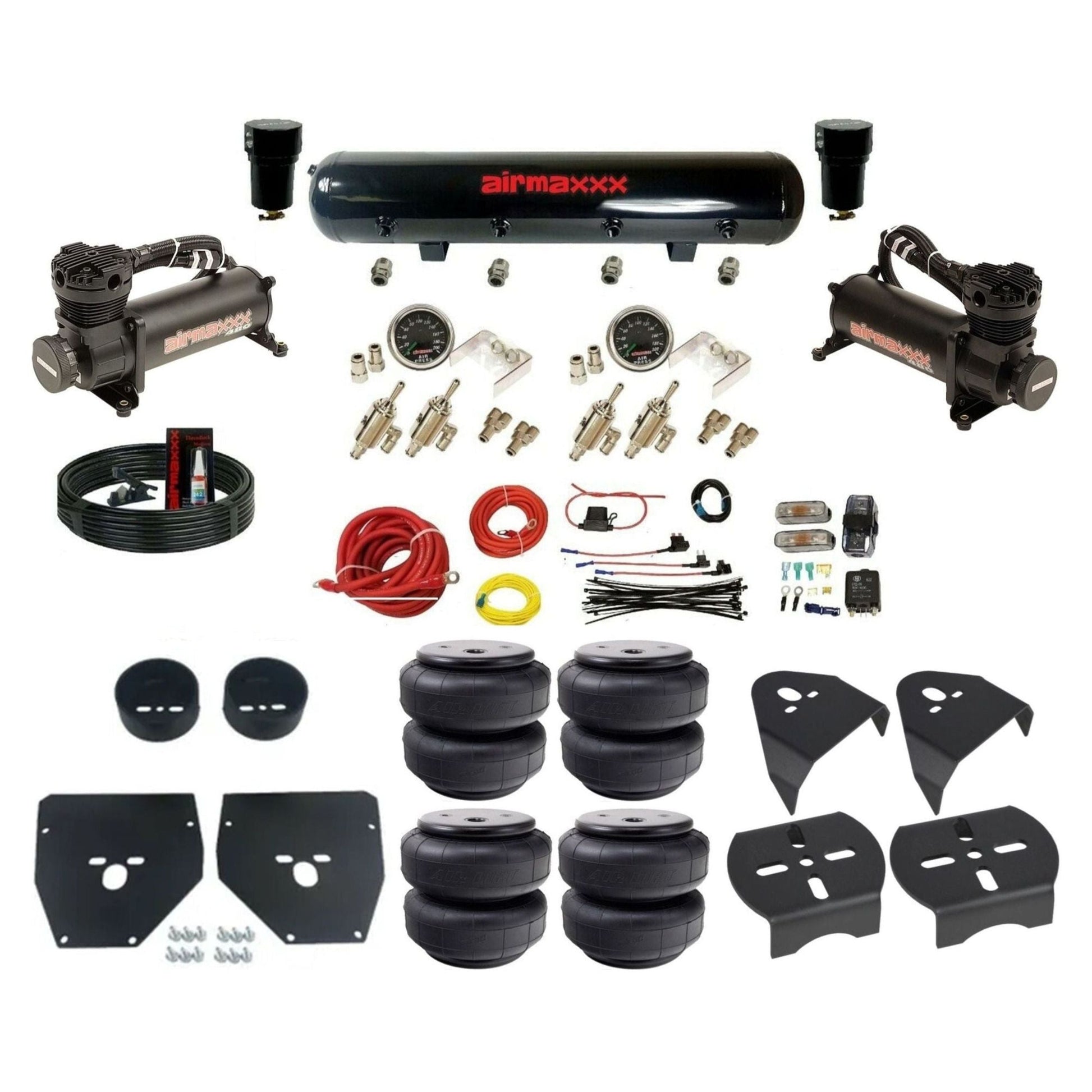 airmaxxx 480 black air compressors 3/8 manual toggles Air Lift bags steel air tank air suspension kit fits 1973 87 chevy c10 KC1073-480B2-59S-4TOG2GA2B-WK-HFD26