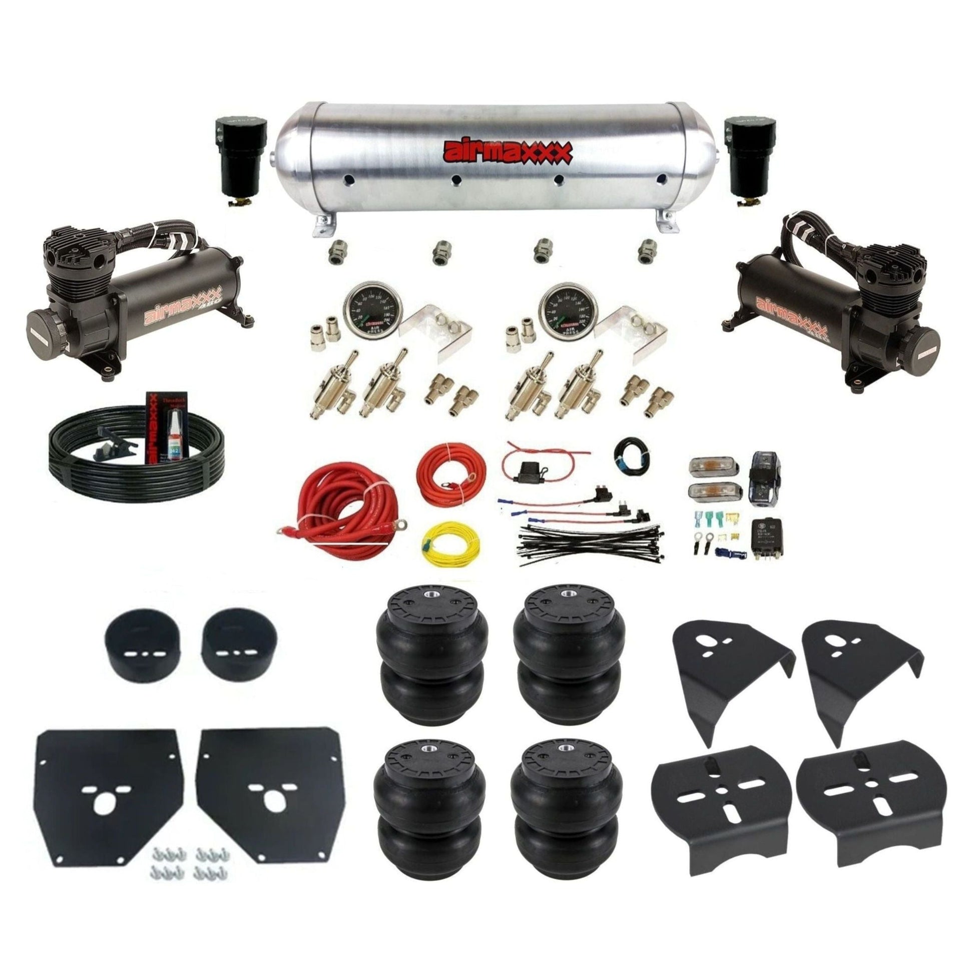 airmaxxx 480 black air compressors 3/8 manual toggles Slam bags raw aluminum air tank air suspension kit fits 1973 87 chevy c10 KC1073-480B2-59ARW-4TOG2GA2B-WK-HFSS7