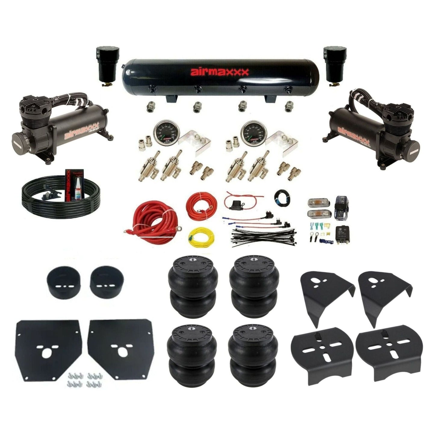 airmaxxx 480 black air compressors 3/8 manual toggles Slam bags steel air tank air suspension kit fits 1973 87 chevy c10 KC1073-480B2-59S-4TOG2GA2B-WK-HFSS7