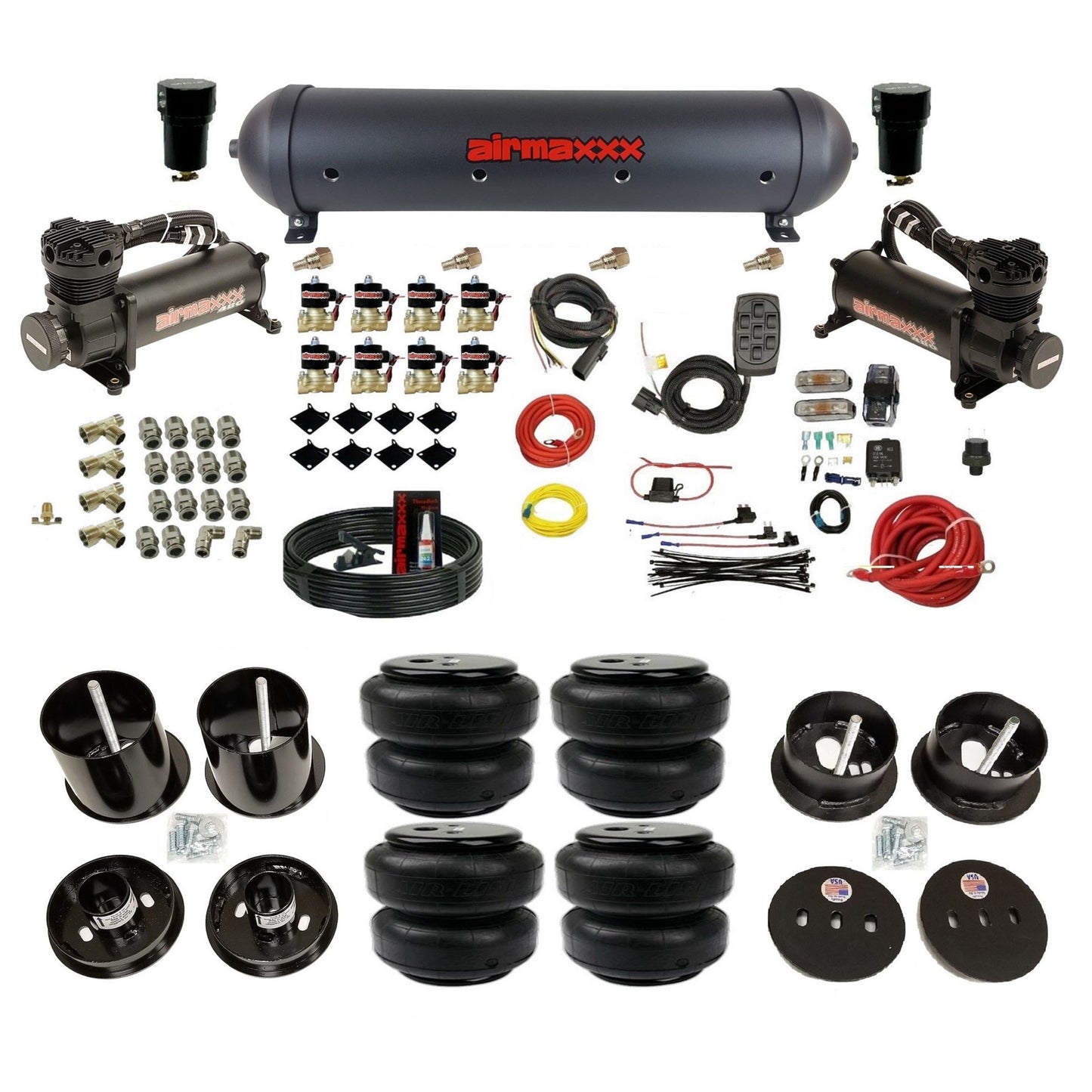 airmaxxx 480 black air compressors Air Lift bags and aluminum tank for air suspension kit Fits 1963-64 cadillac KCAD63-480B2-838-59ABK-7BK-WK-HFD25