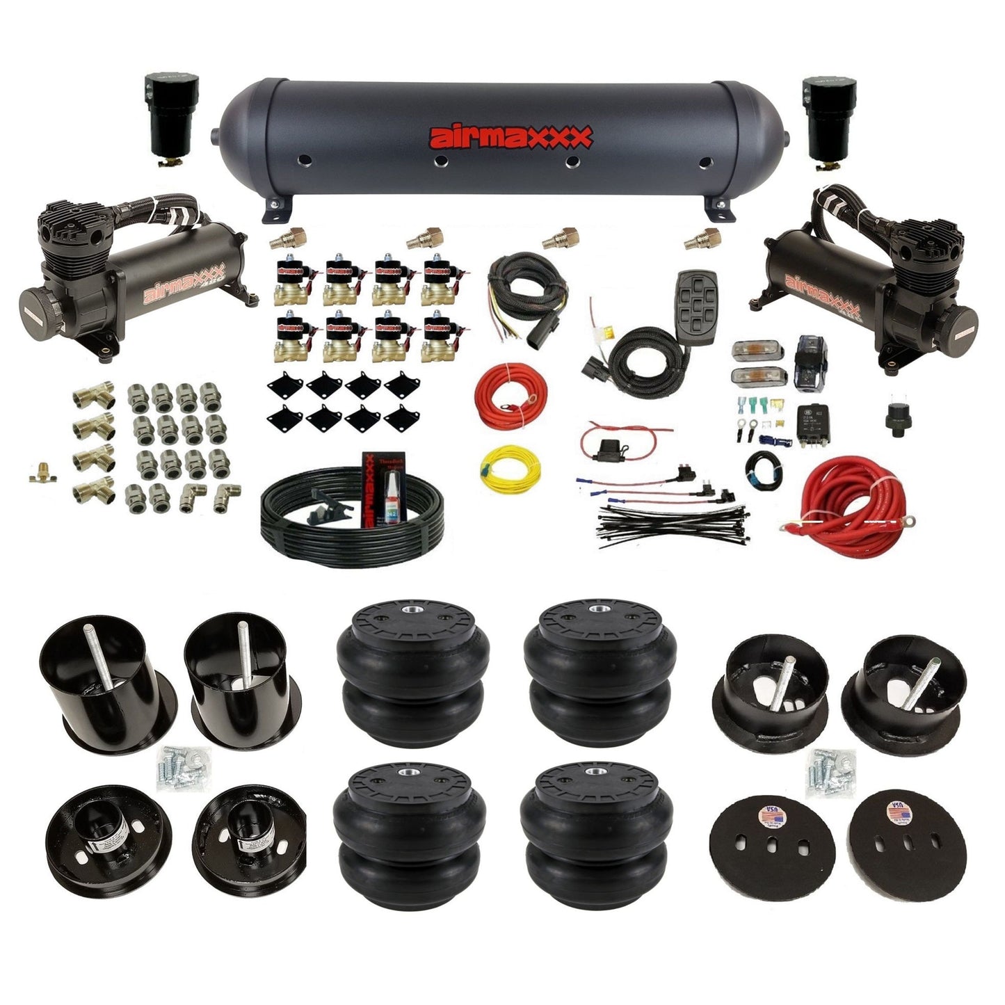 airmaxxx 480 black air compressors Slam bags and aluminum tank for air suspension kit Fits 1963-64 cadillac KCAD63-480B2-838-59ABK-7BK-WK-HFSS7