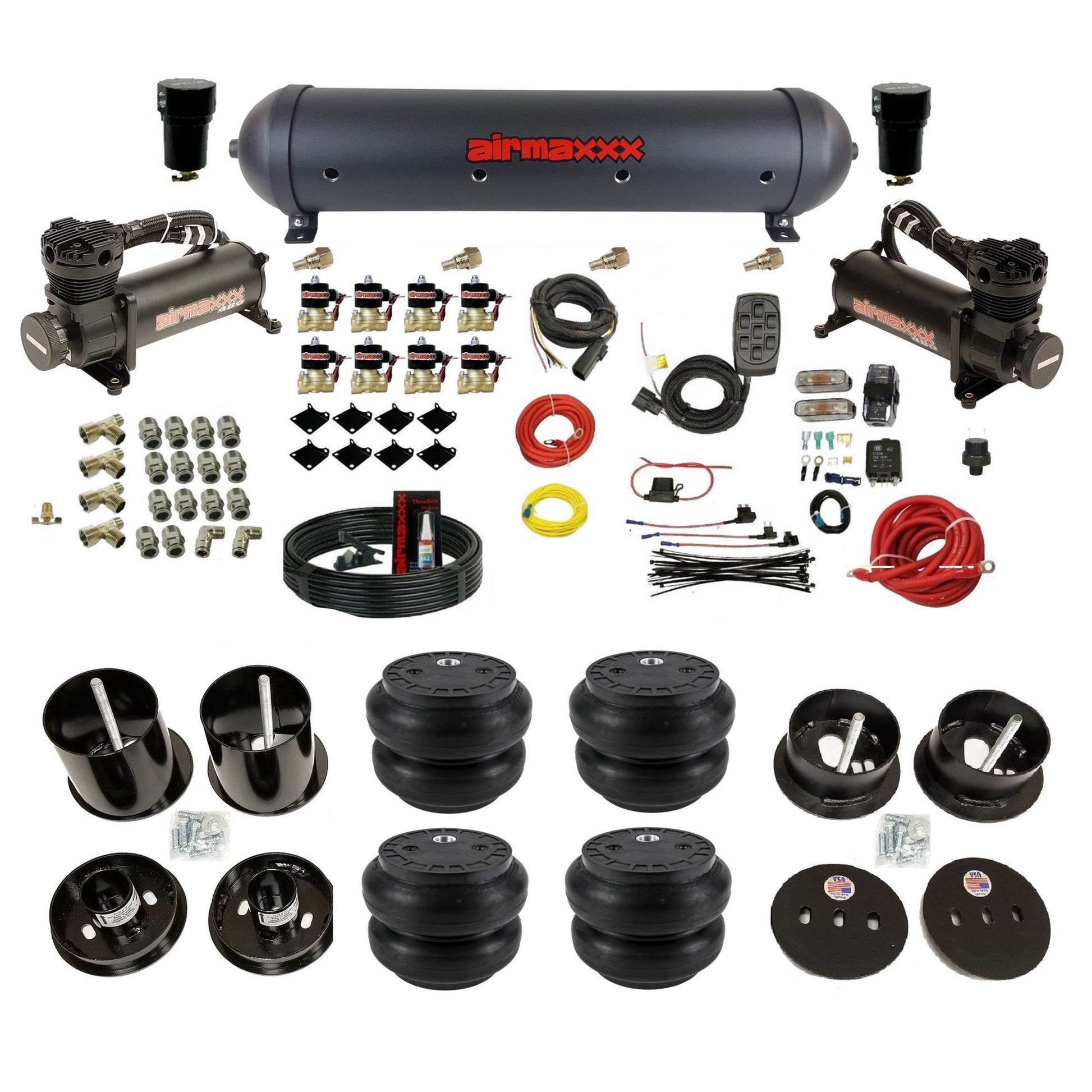 airmaxxx 480 black air compressors Slam bags and aluminum tank for air suspension kit Fits 1963-64 cadillac KCAD63-480B2-838-59ABK-7BK-WK-HFSS7