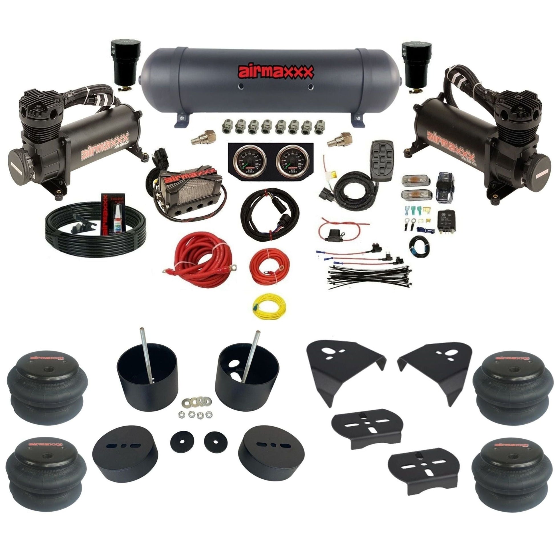 airmaxxx 480 black air compressors X4 air manifold aluminum air tank 2600 bags & brackets install kit fits 1999-06 Silverado 1500 KGM99-480B2-57ABK-X4X7-WK-HF