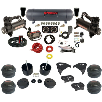 airmaxxx 480 black air compressors X4 air manifold aluminum air tank 2600 bags & brackets install kit fits 1999-06 Silverado 1500 KGM99-480B2-57ABK-X4X7-WK-HF
