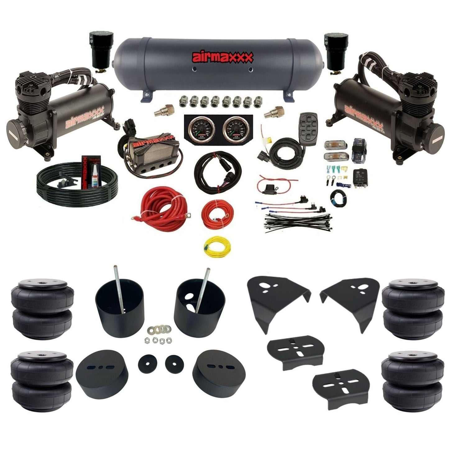 airmaxxx 480 black air compressors X4 air manifold aluminum air tank Air Lift bags & brackets install kit fits 1999-06 Silverado 1500 KGM99-480B2-57ABK-X4X7-WK-HFD26
