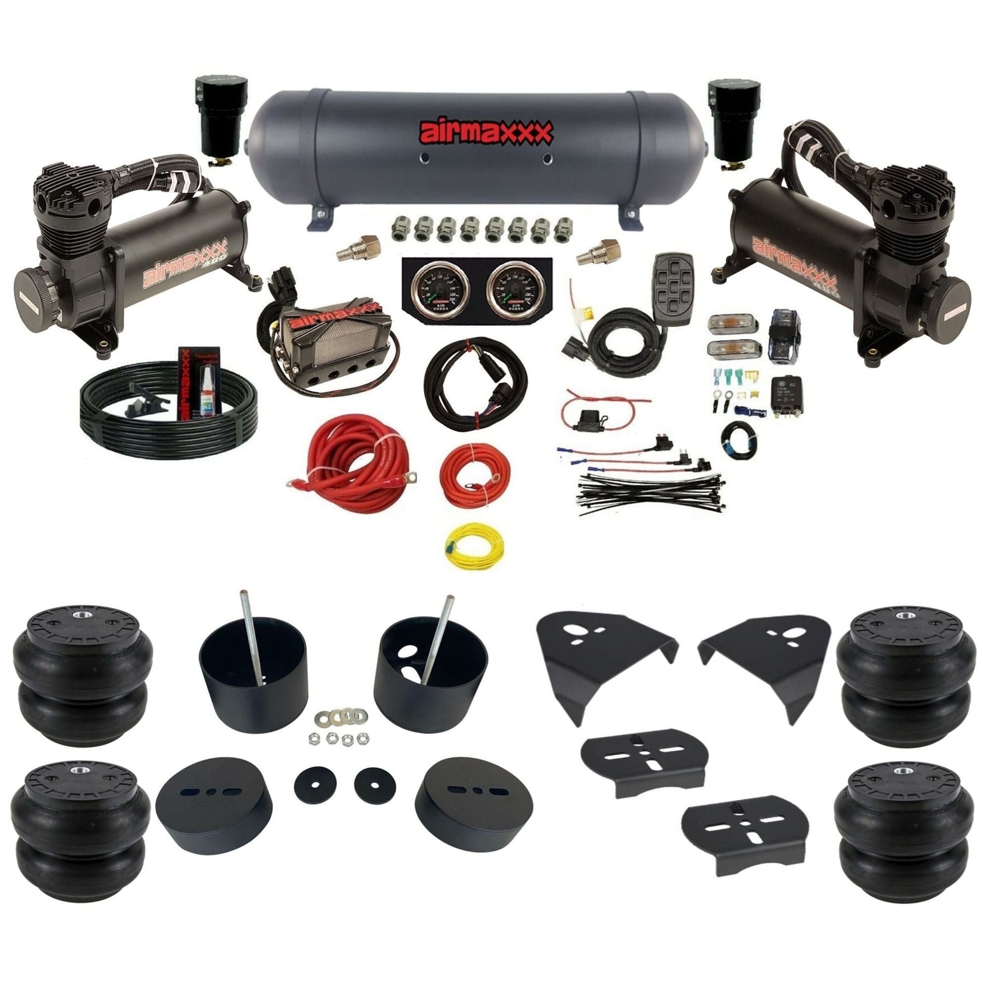 airmaxxx 480 black air compressors X4 air manifold aluminum air tank Slam bags & brackets install kit fits 1999-06 Silverado 1500 KGM99-480B2-57ABK-X4X7-WK-HFSS7