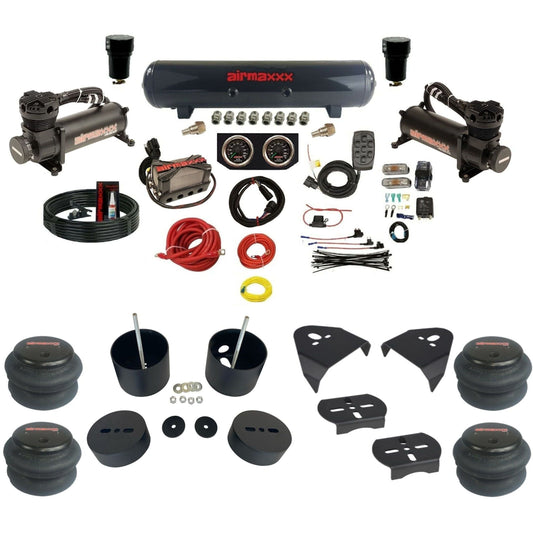 airmaxxx 480 black air compressors X4 air manifold steel air tank 2600 bags & brackets install kit fits 1999-06 Silverado 1500 KGM99-480B2-57S-X4X7-WK-HF