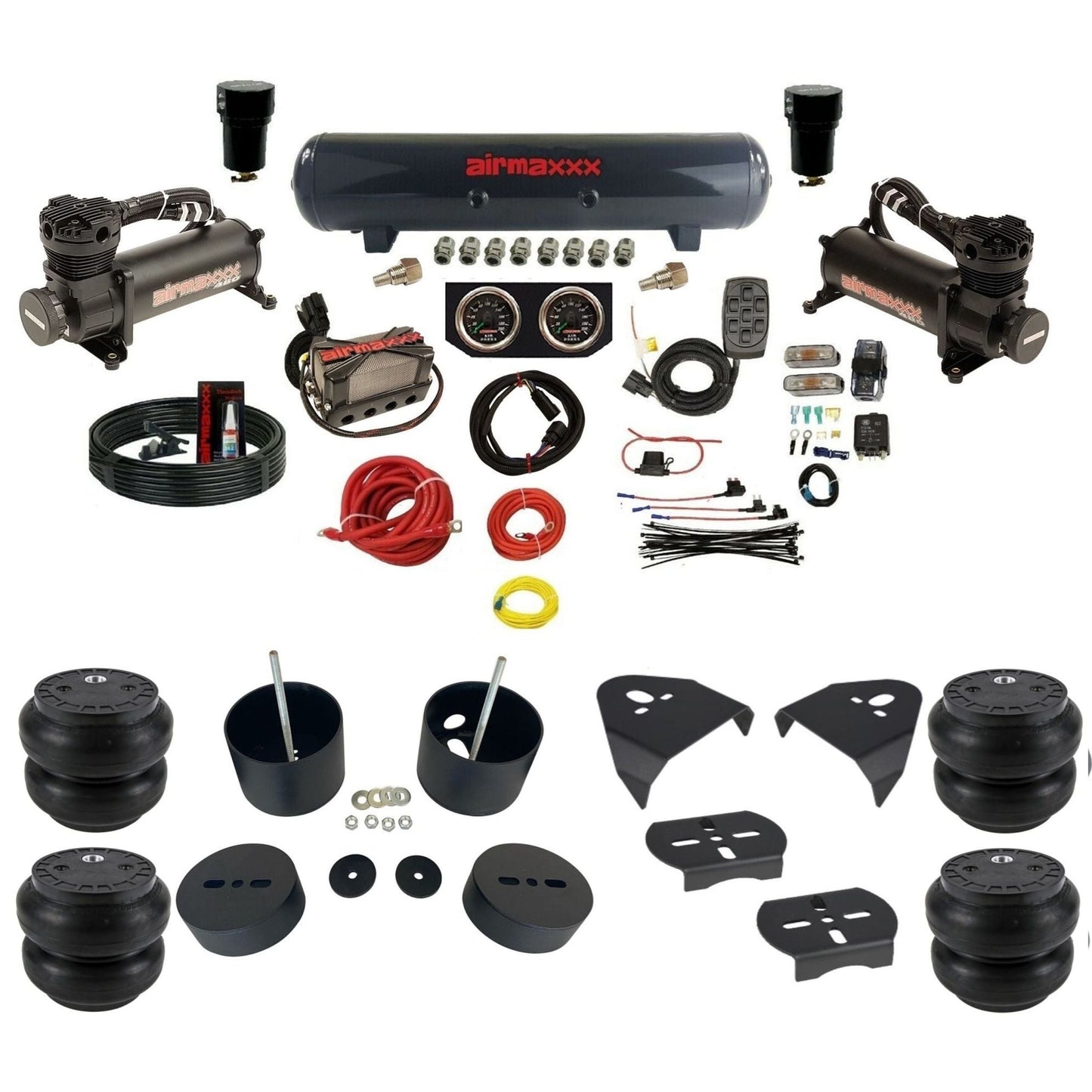 airmaxxx 480 black air compressors X4 air manifold steel air tank Slam bags & brackets install kit fits 1999-06 Silverado 1500 KGM99-480B2-57S-X4X7-WK-HFSS7