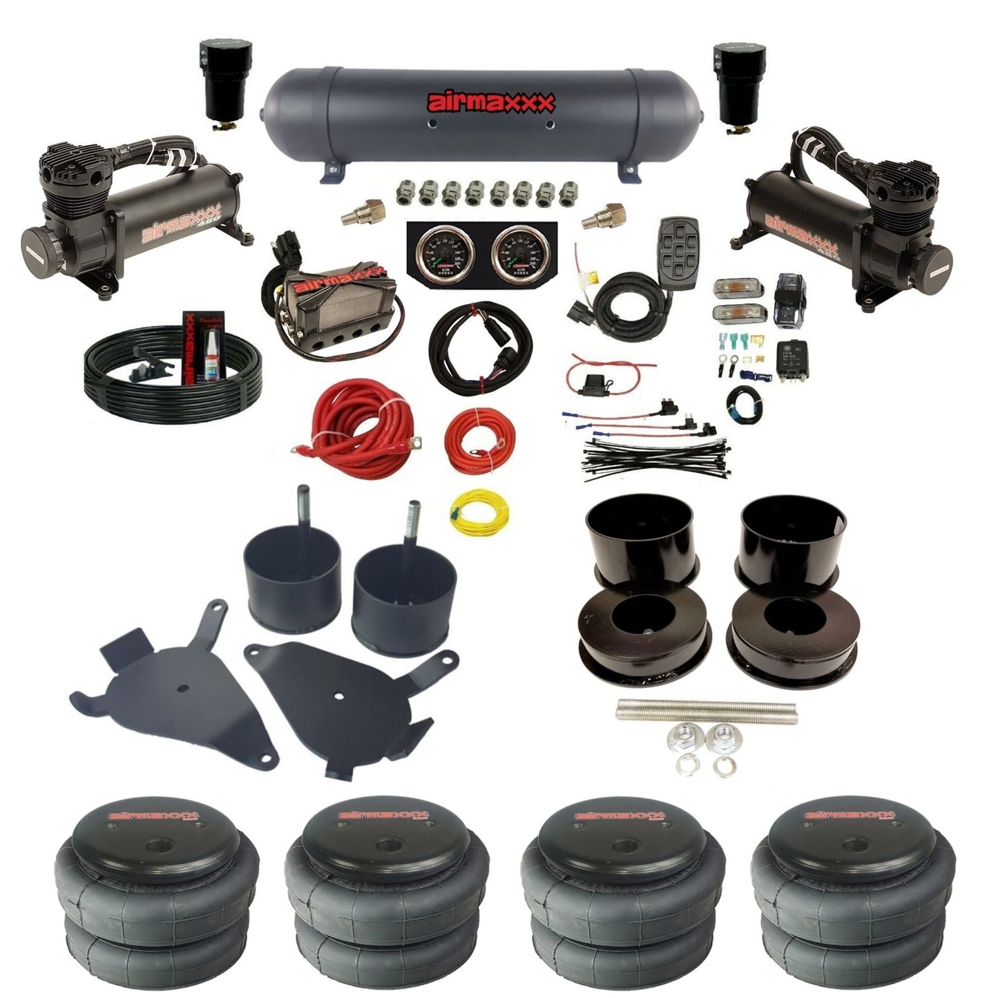 airmaxxx 480 black air compressors X4 manifold aluminum air tank 2500 bags and brackets for 1978-88 GM G-Body KGBDY-480B2-57ABK-X4X7-WK-HF