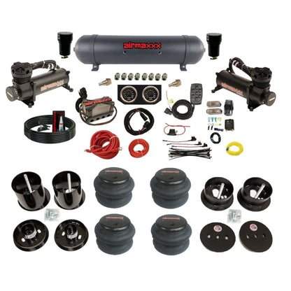 airmaxxx 480 black air compressors X4 manifold aluminum air tank 2600 bags & brackets fits 1963 Cadillac KCAD63-480B2-57ABK-X4X7-WK-HF