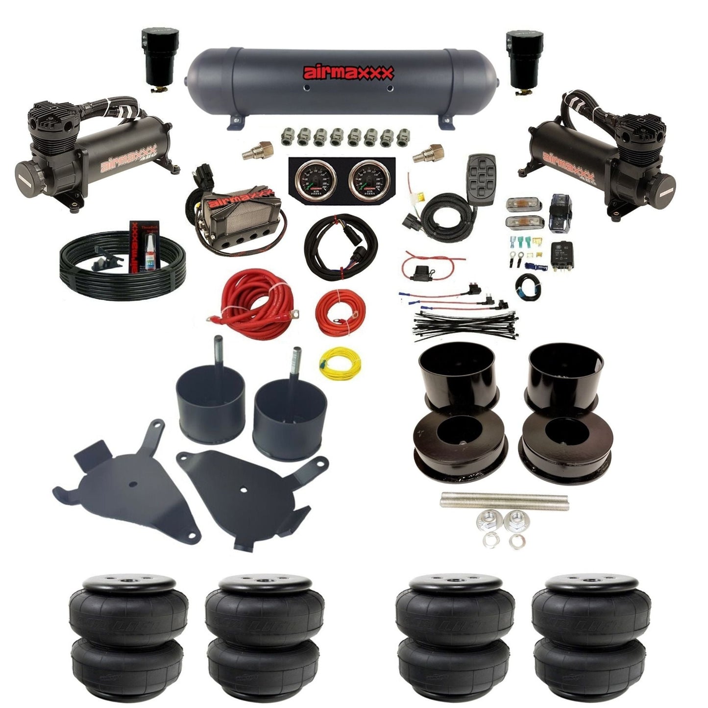 airmaxxx 480 black air compressors X4 manifold aluminum air tank Air Lift bags and brackets for 1978-88 GM G-Body KGBDY-480B2-57ABK-X4X7-WK-HFD25 