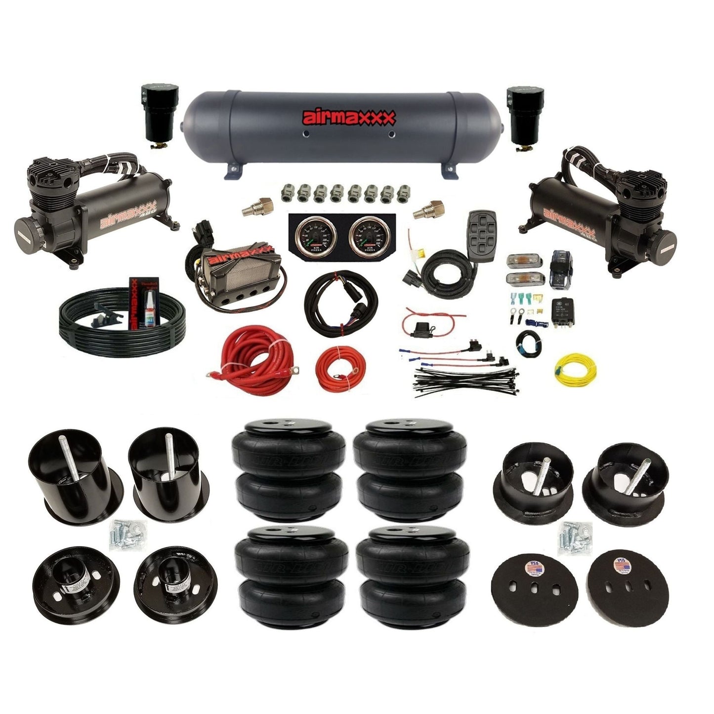 airmaxxx 480 black air compressors X4 manifold aluminum air tank Air Lift bags & brackets fits 1963 Cadillac KCAD63-480B2-57ABK-X4X7-WK-HFD25