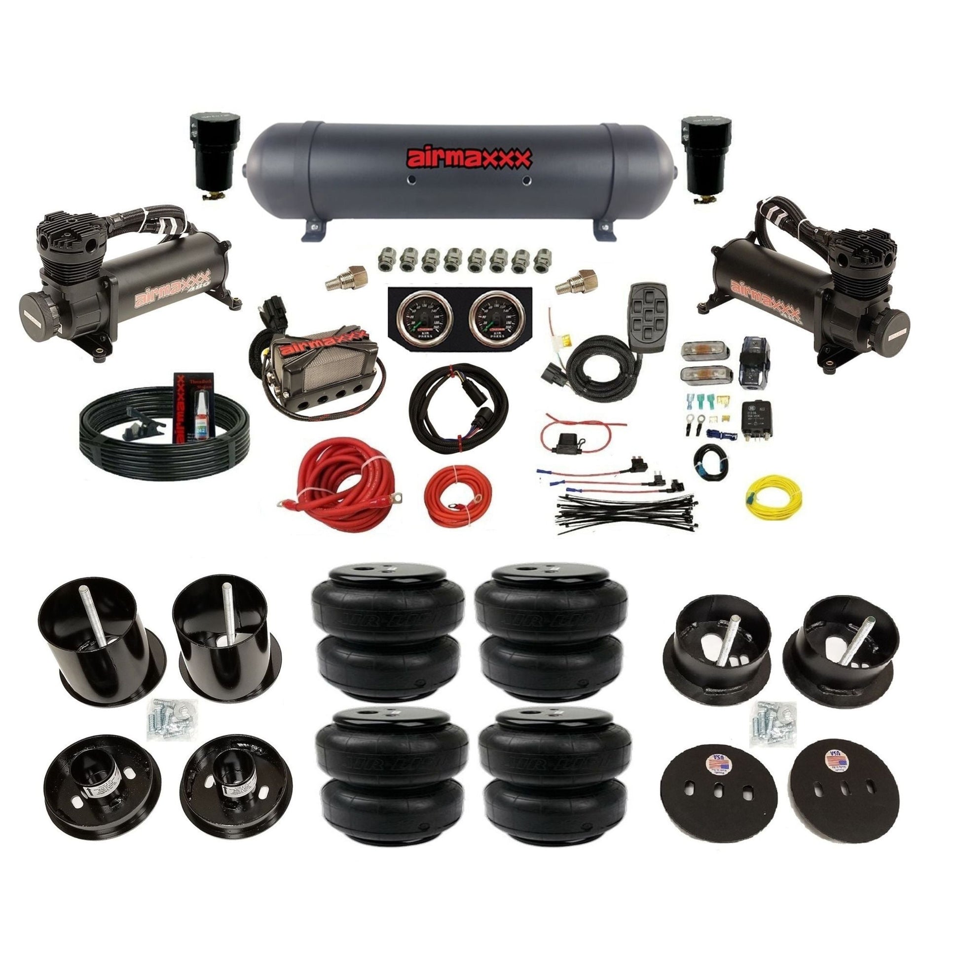 airmaxxx 480 black air compressors X4 manifold aluminum air tank Air Lift bags & brackets fits 1963 Cadillac KCAD63-480B2-57ABK-X4X7-WK-HFD25
