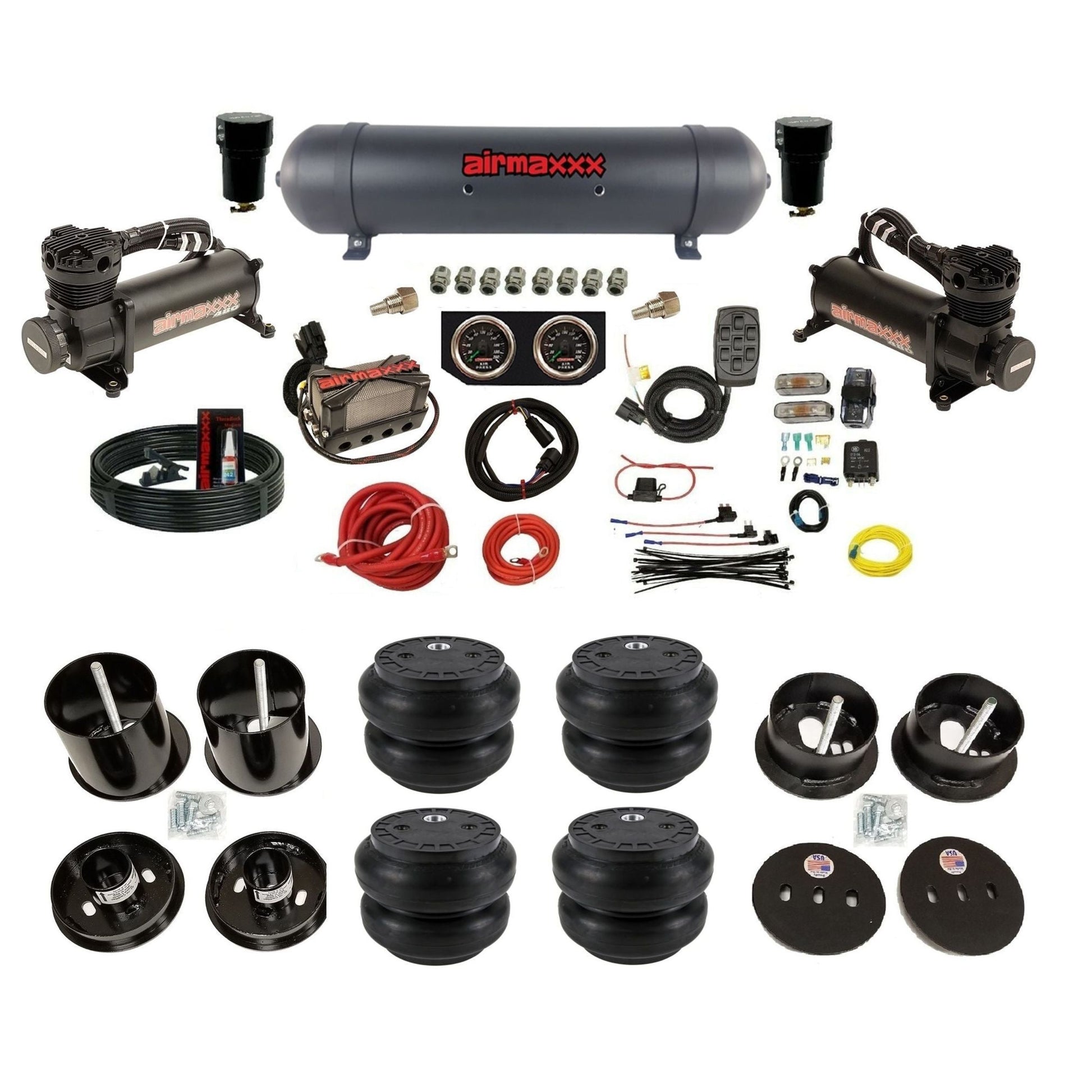 airmaxxx 480 black air compressors X4 manifold aluminum air tank Slam bags & brackets fits 1963 Cadillac KCAD63-480B2-57ABK-X4X7-WK-HFSS7